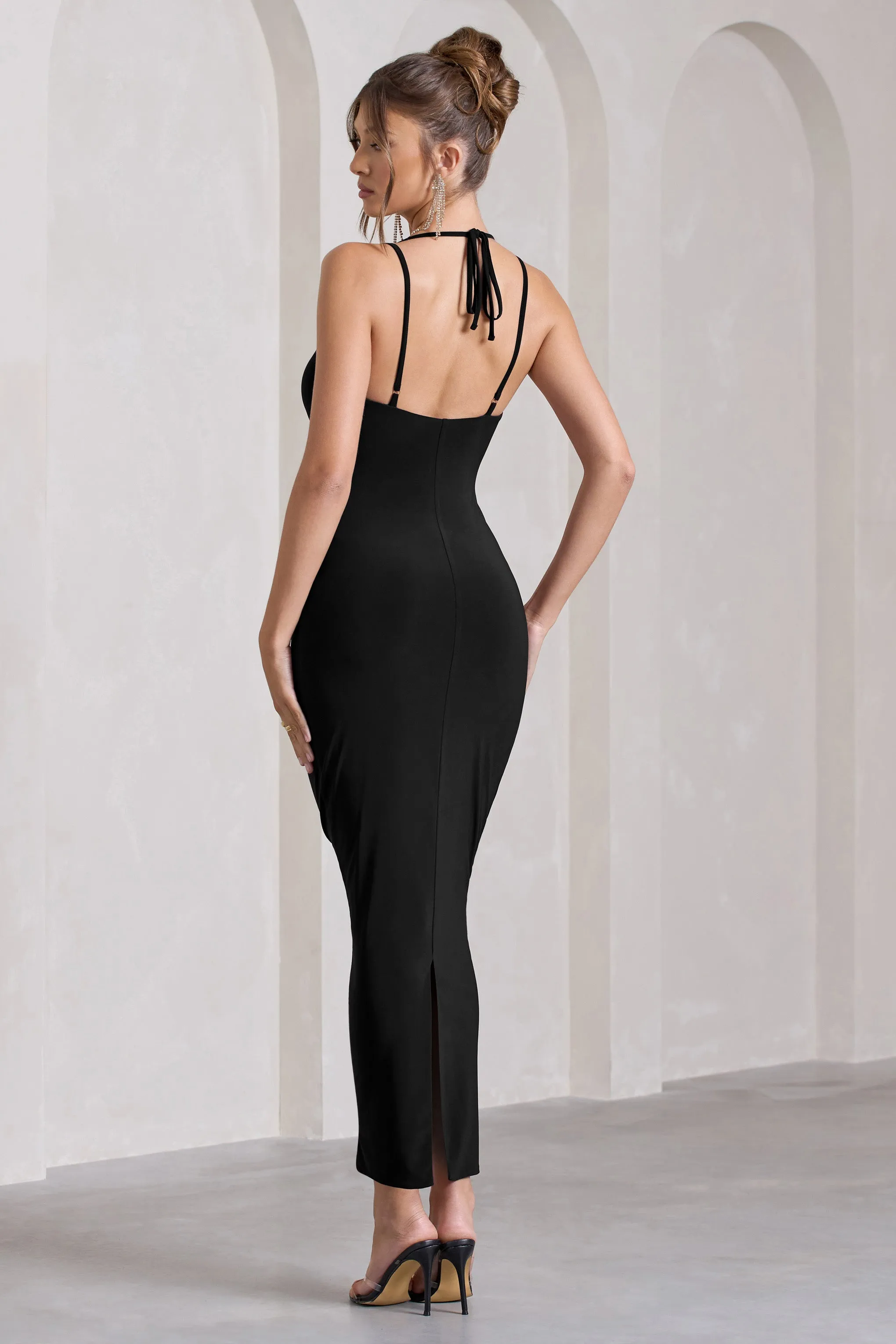 Yvette | Black Plunge-Neck Twisted Maxi Dress With Cross-Back Club L London