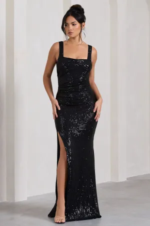 Yvonne | Black Sequin Open-Back Bodycon Maxi Dress Club L London