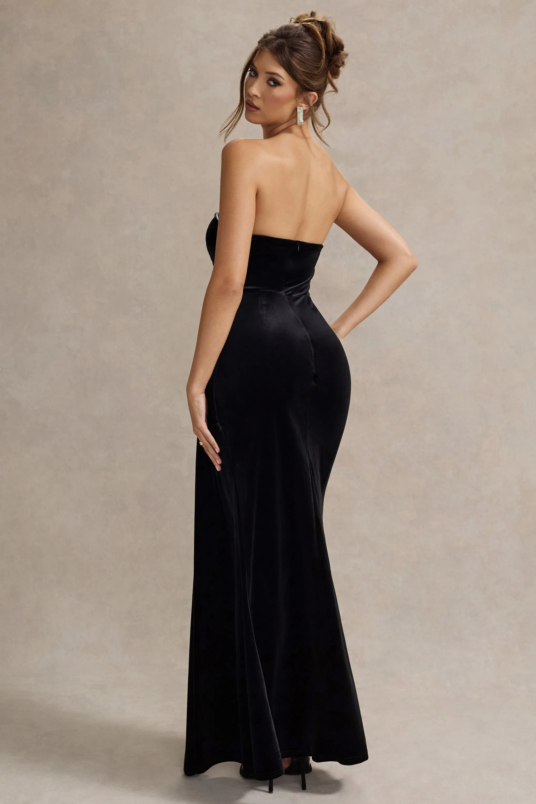 Zafira | Black Velvet Strapless Draped Maxi Dress Club L London