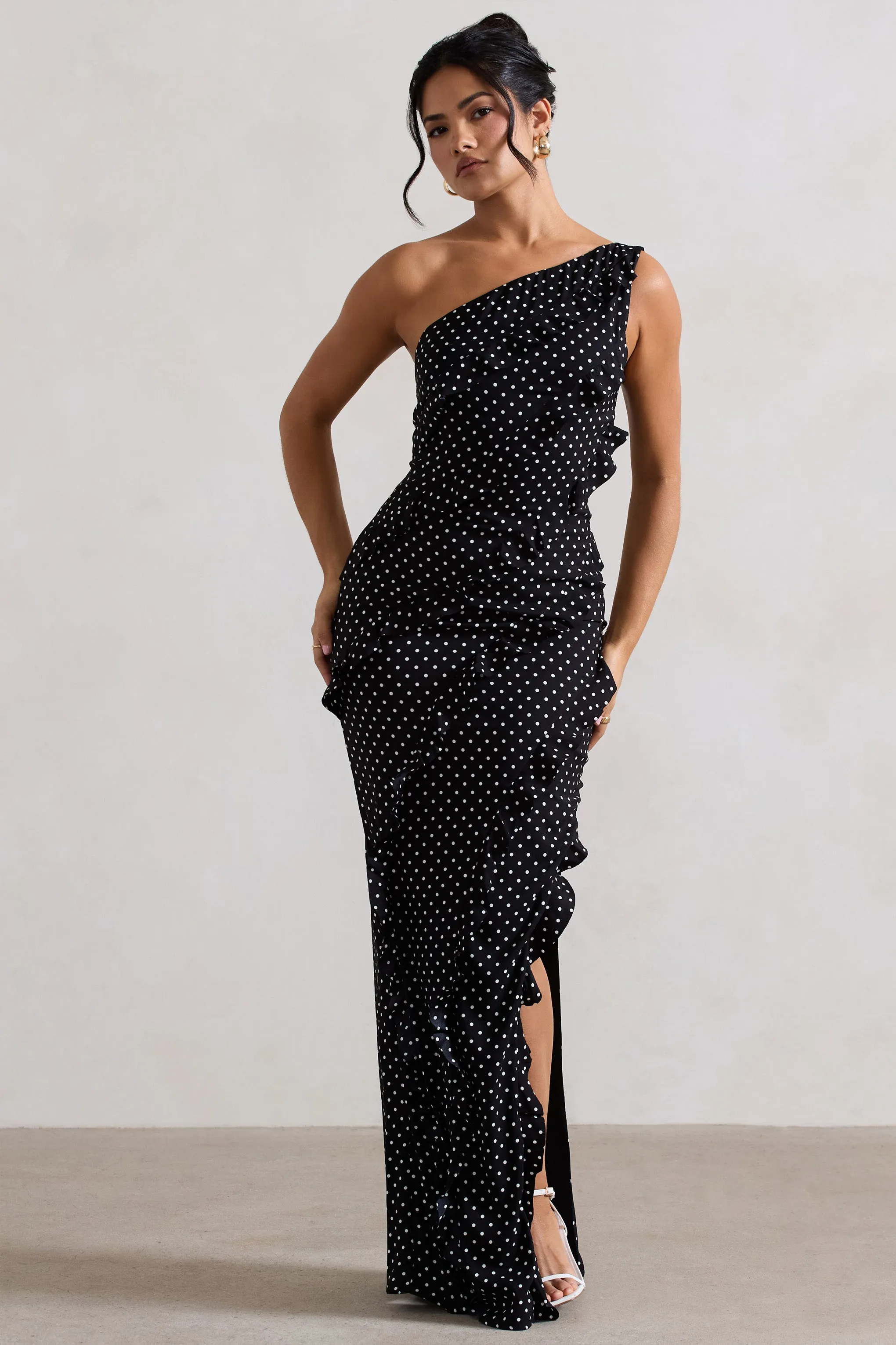 Zafra | Black Polka Dot Asymmetric Ruffle Maxi Dress Club L London