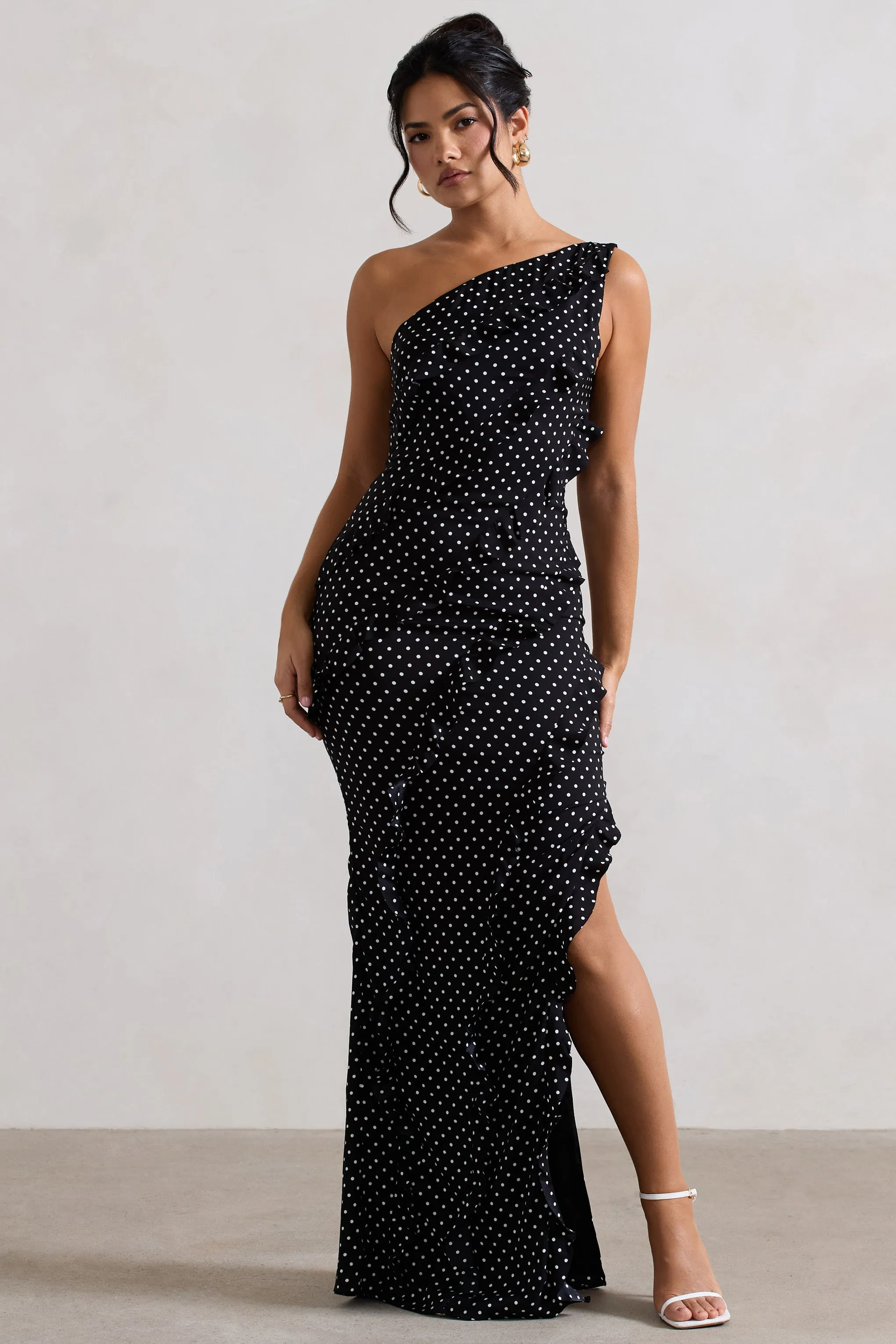 Zafra | Black Polka Dot Asymmetric Ruffle Maxi Dress Club L London
