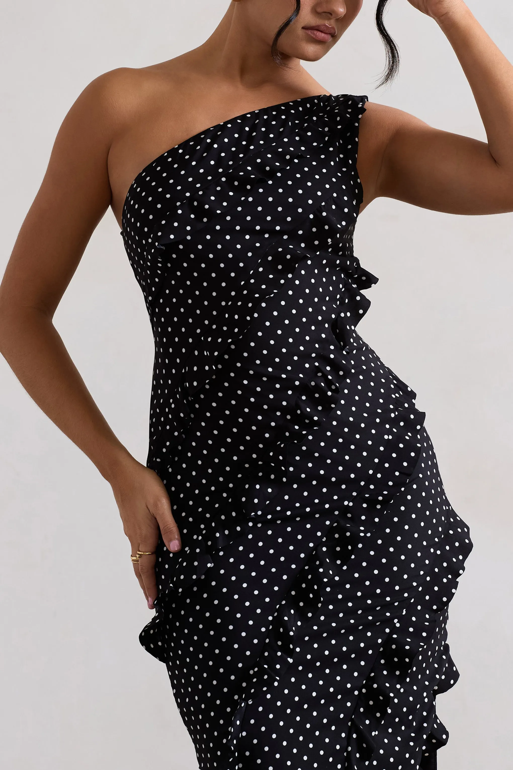 Zafra | Black Polka Dot Asymmetric Ruffle Maxi Dress Club L London