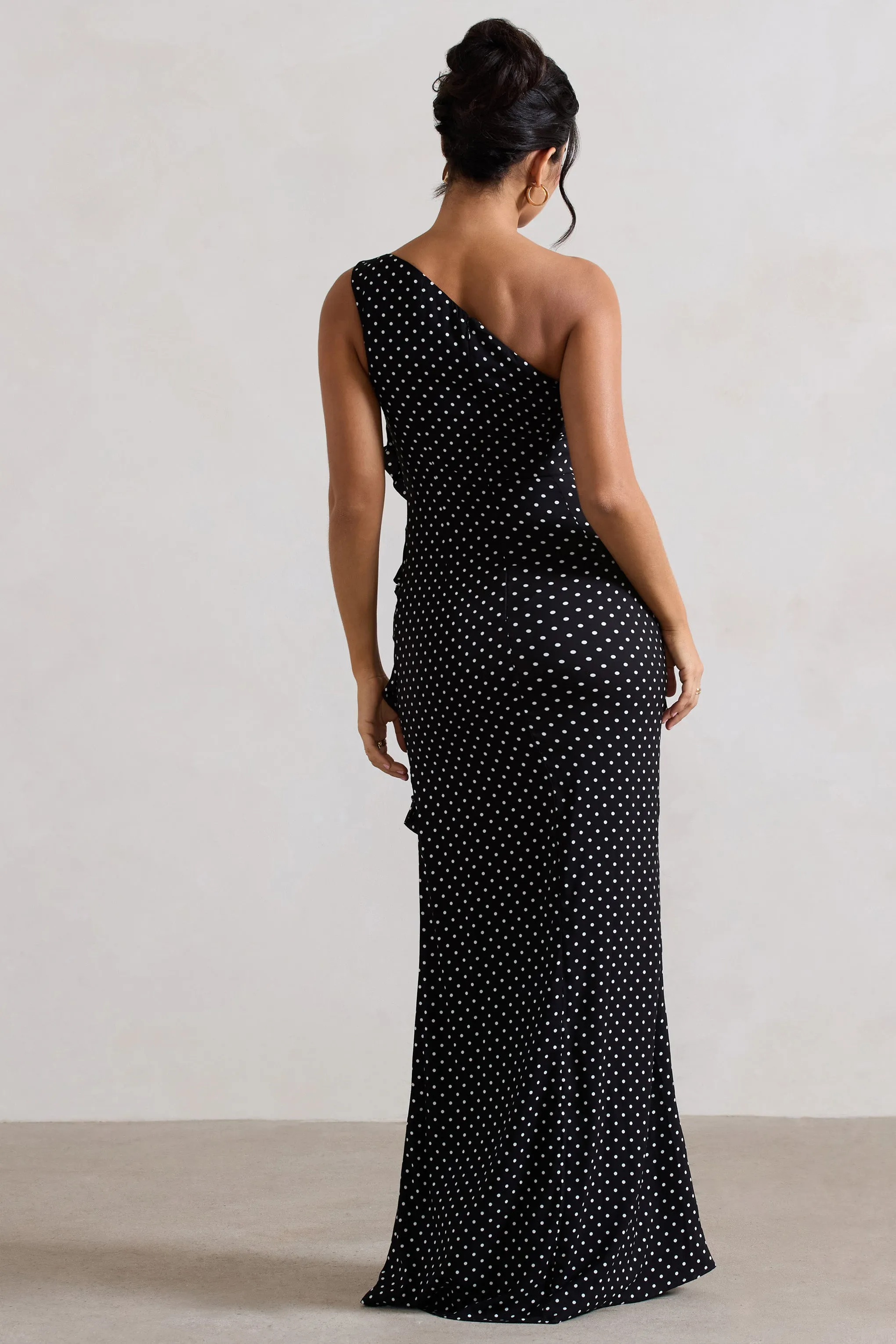 Zafra | Black Polka Dot Asymmetric Ruffle Maxi Dress Club L London