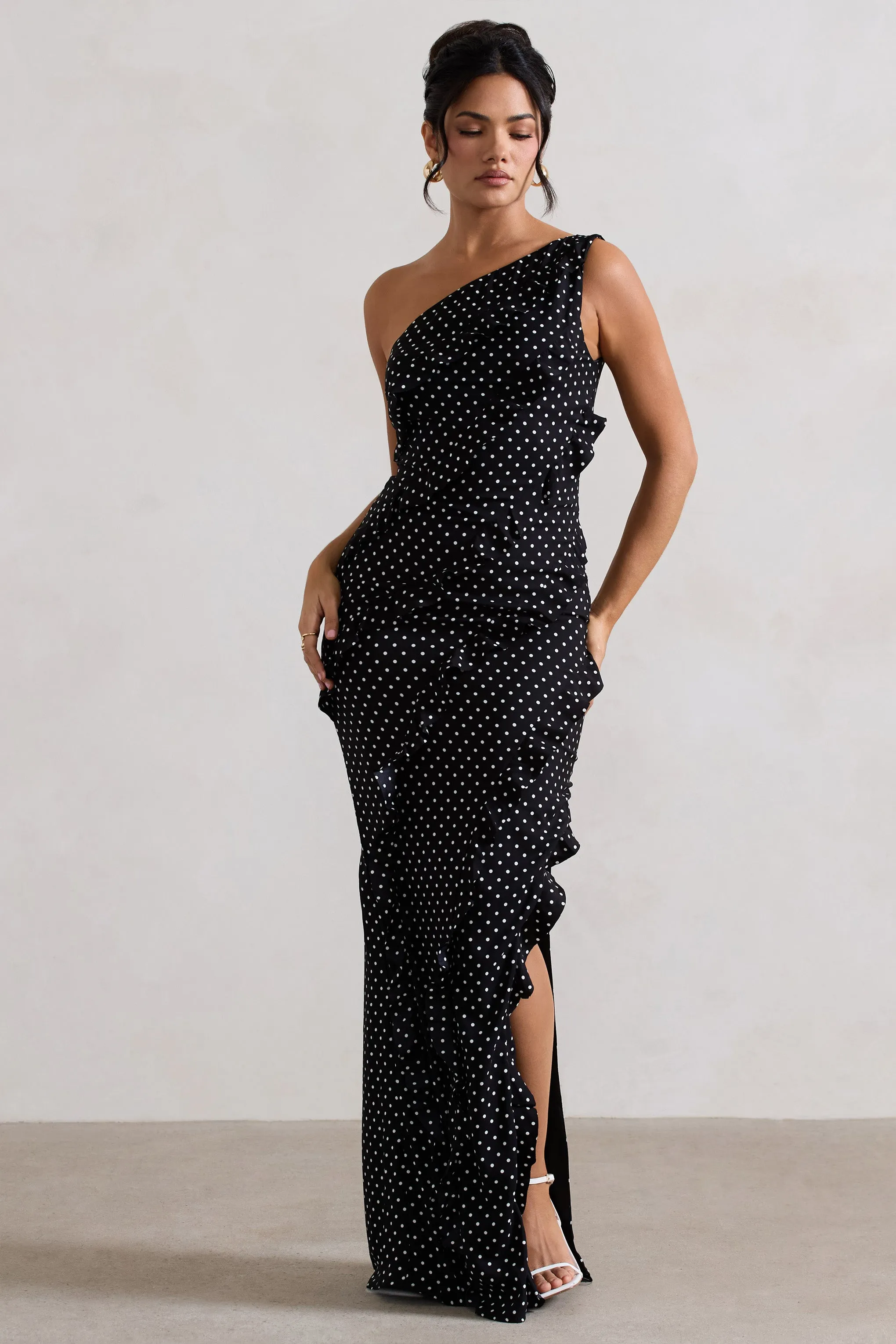 Zafra | Black Polka Dot Asymmetric Ruffle Maxi Dress Club L London