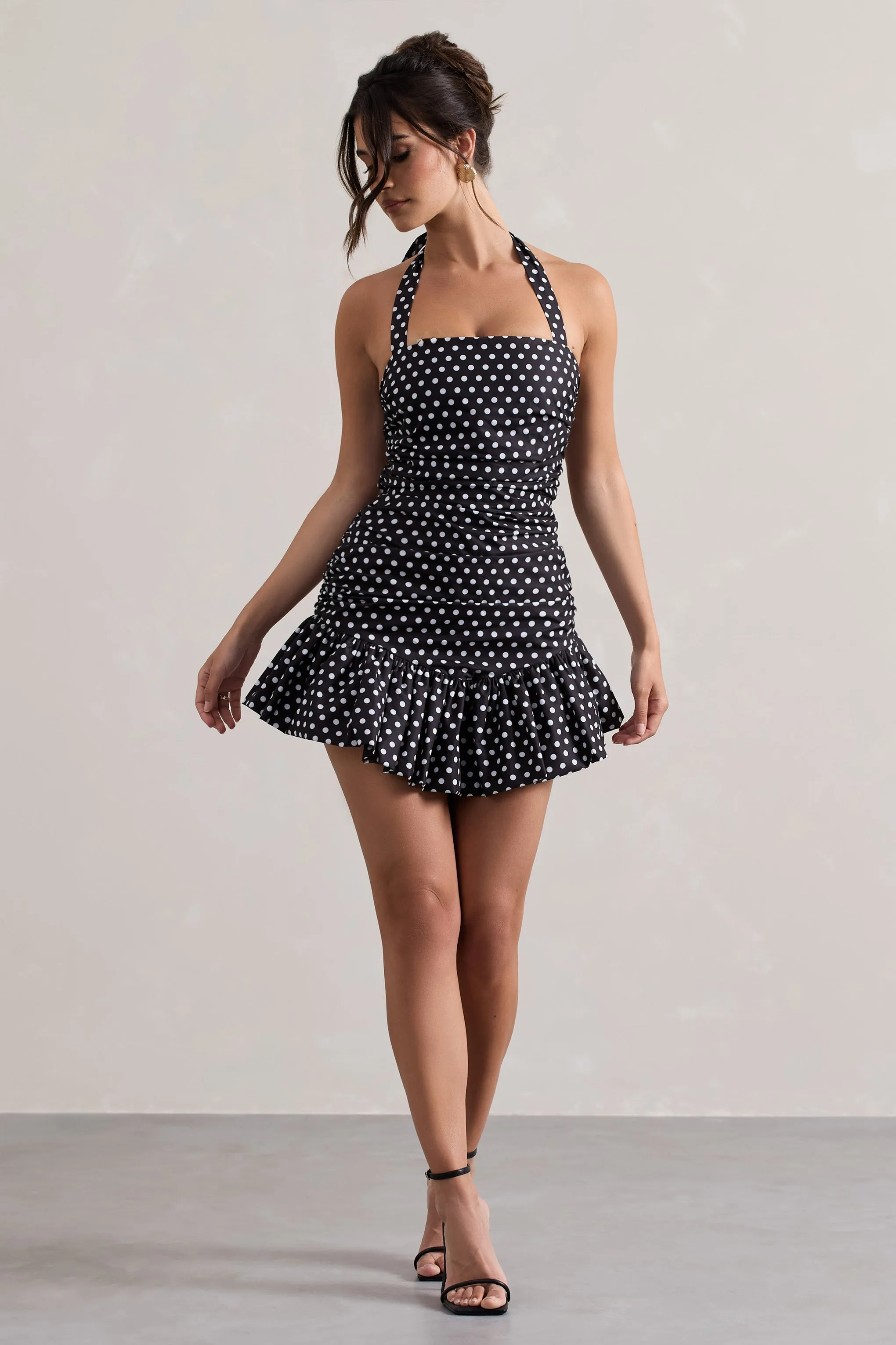 Zahra | Black & White Polka Dot Halter-Neck Ruched Mini Dress With Ruffle Hem Club L London