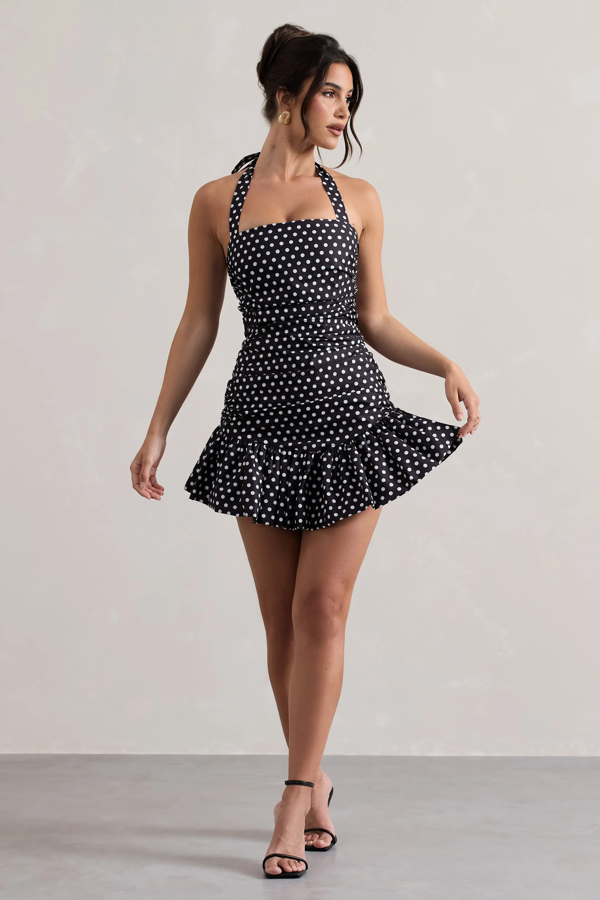 Zahra | Black & White Polka Dot Halter-Neck Ruched Mini Dress With Ruffle Hem Club L London