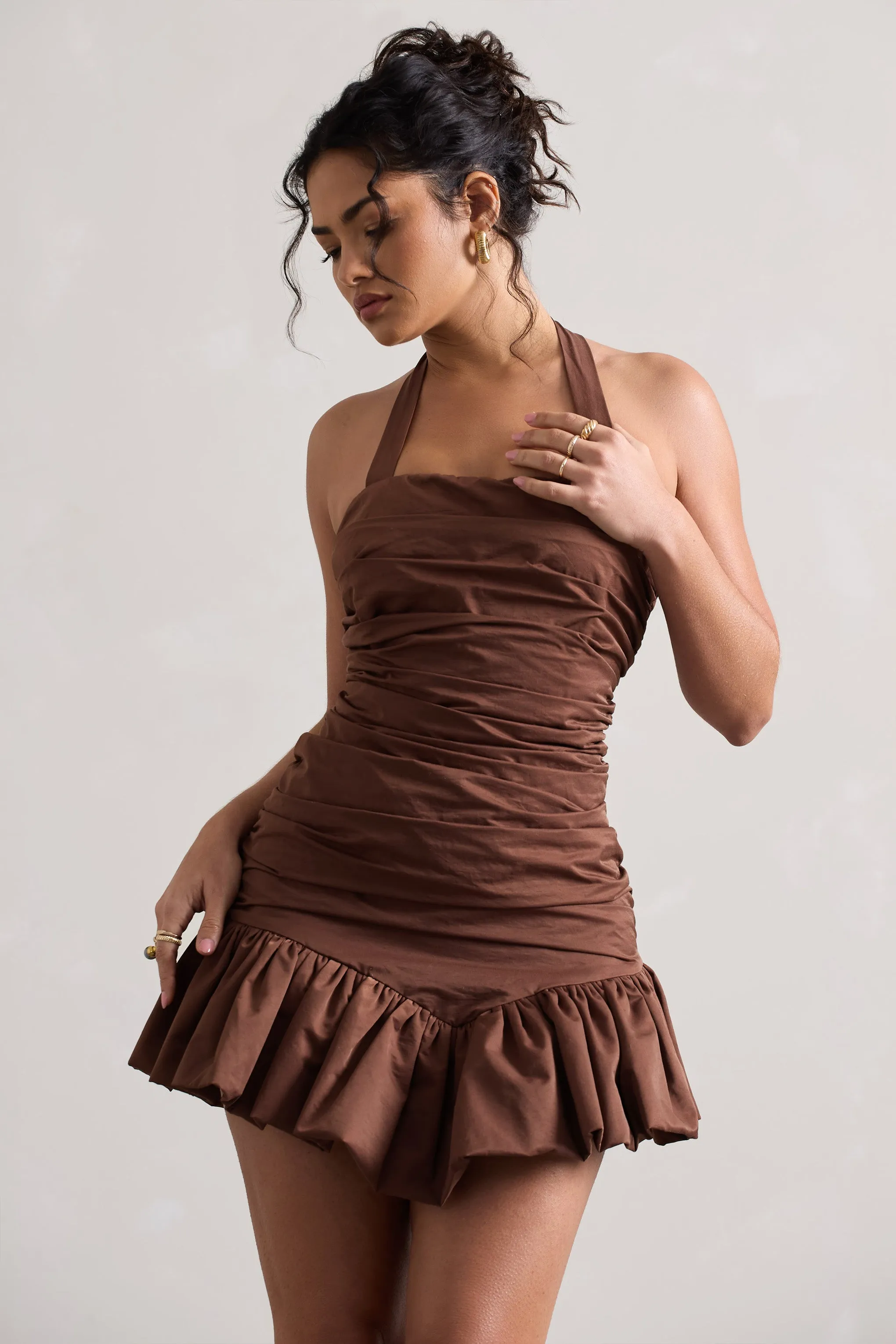 Zahra | Chocolate Brown Halter-Neck Ruched Mini Dress With Ruffle Hem Club L London