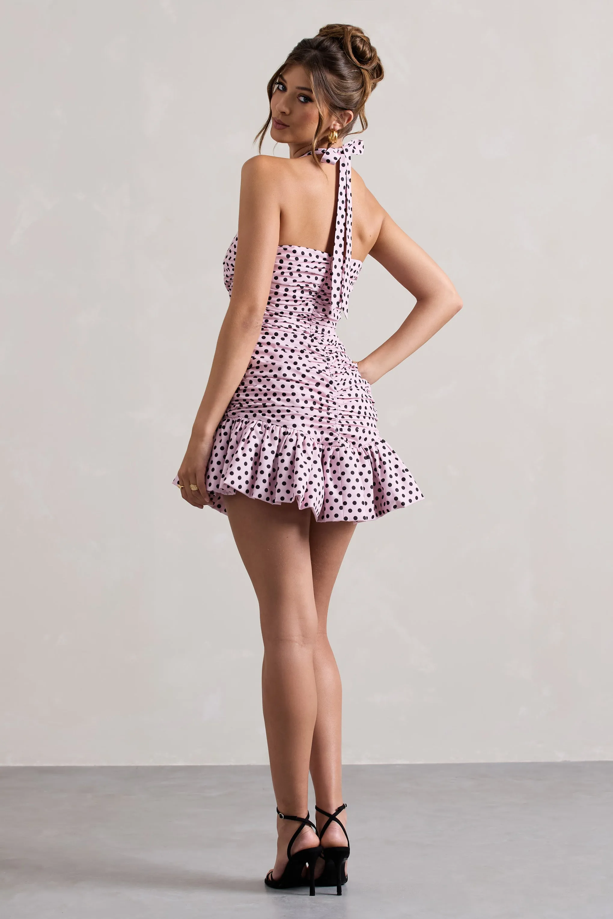 Zahra | Pink & Black Polka Dot Halter-Neck Ruched Mini Dress With Ruffle Hem Club L London