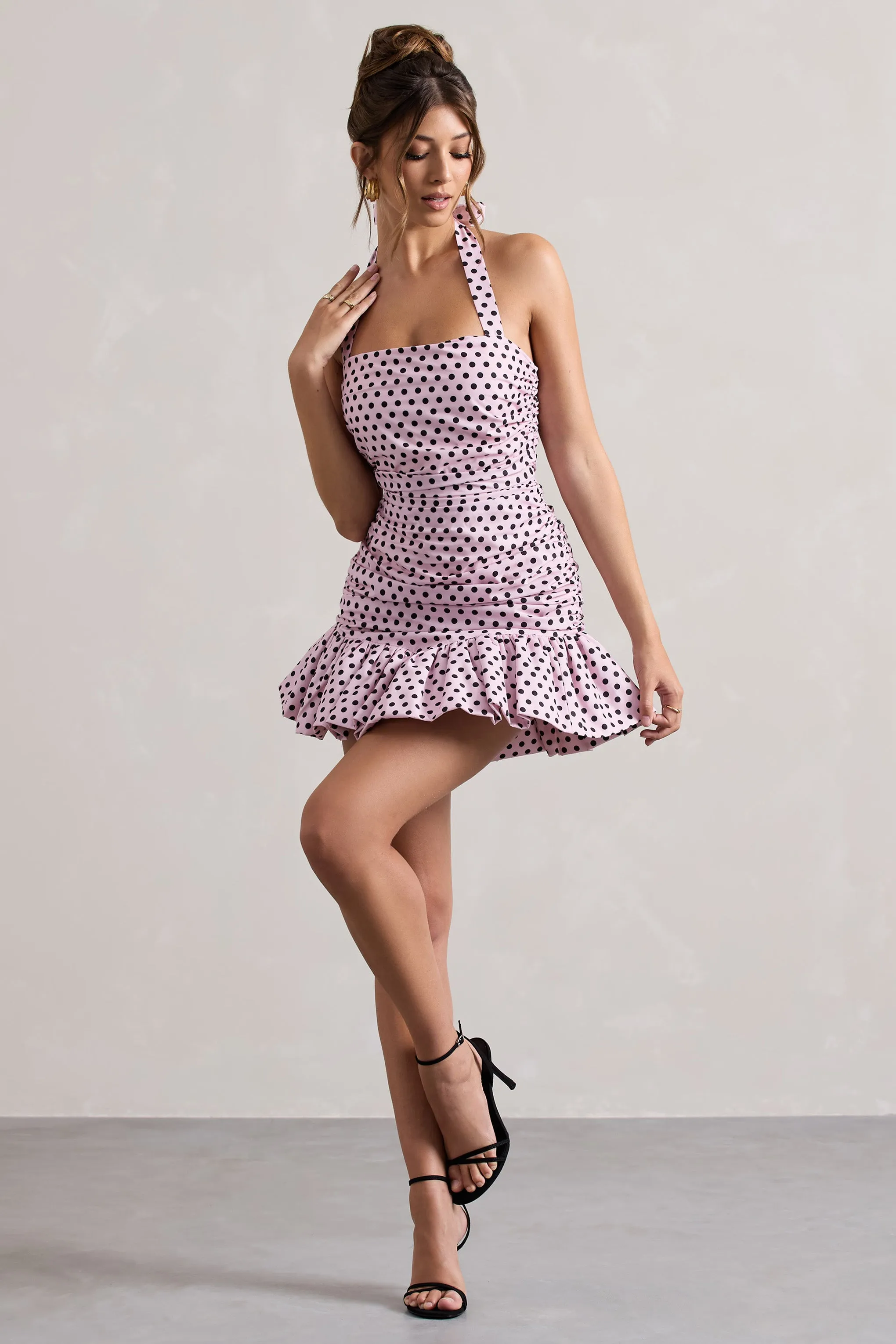 Zahra | Pink & Black Polka Dot Halter-Neck Ruched Mini Dress With Ruffle Hem Club L London
