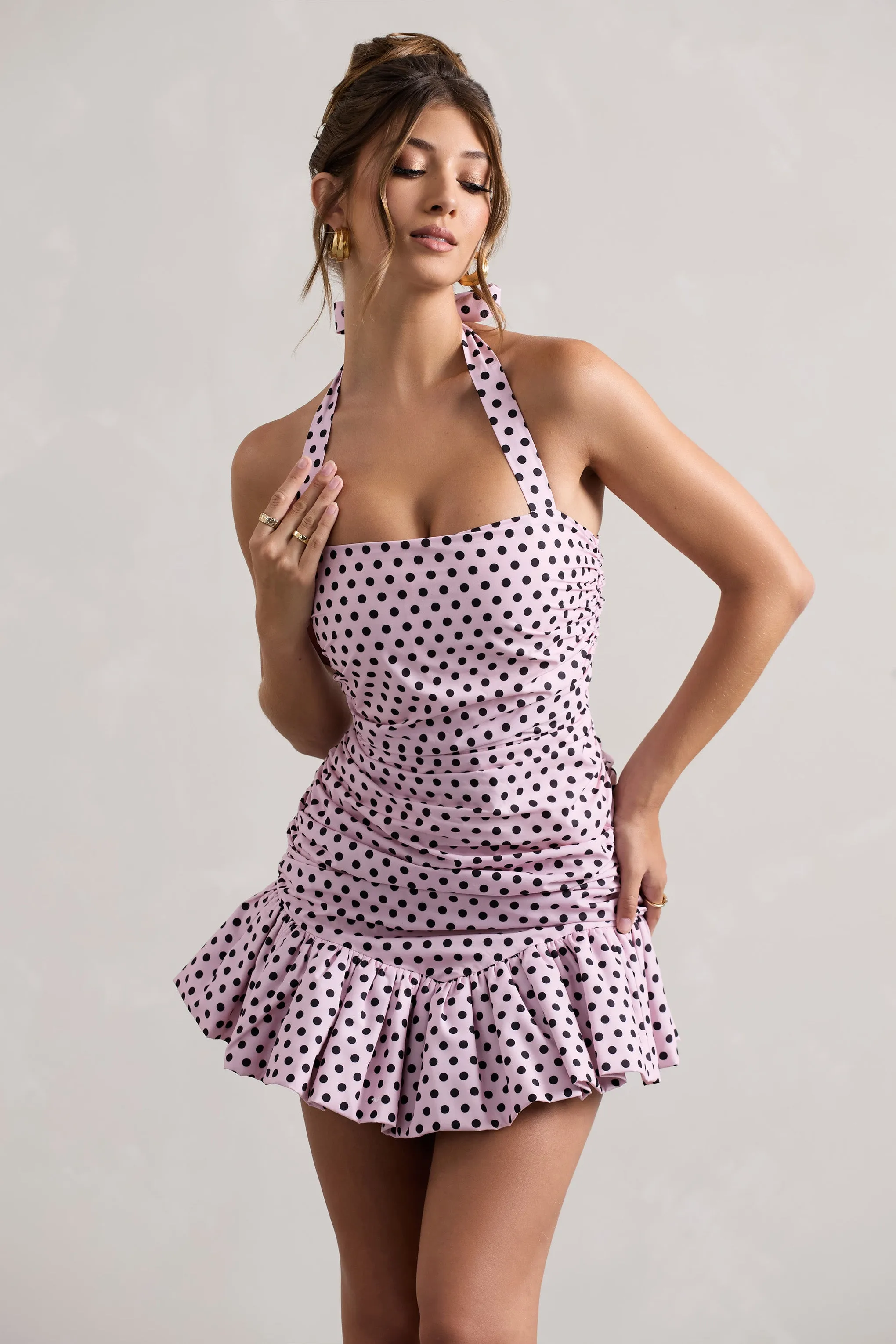Zahra | Pink & Black Polka Dot Halter-Neck Ruched Mini Dress With Ruffle Hem Club L London