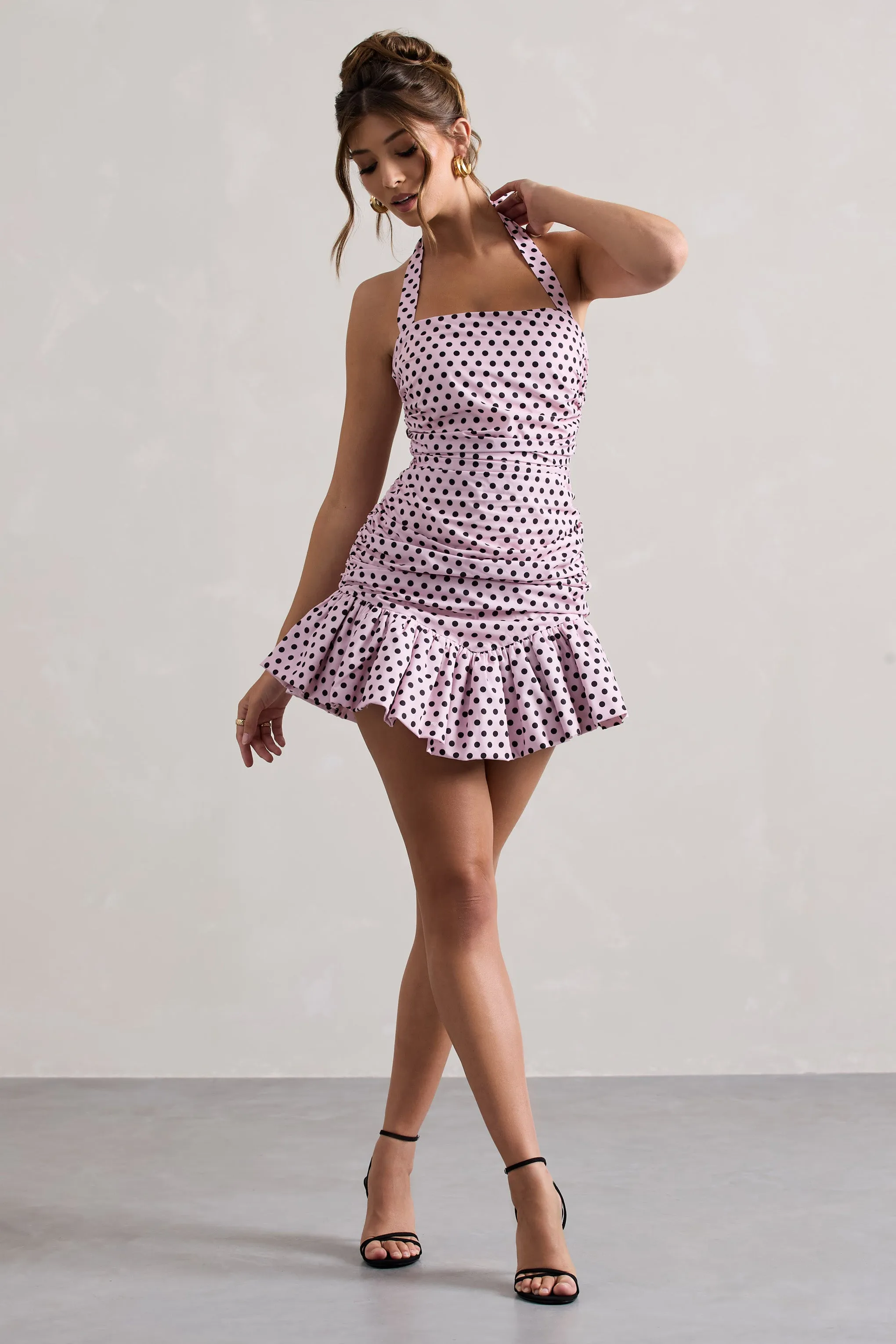 Zahra | Pink & Black Polka Dot Halter-Neck Ruched Mini Dress With Ruffle Hem Club L London