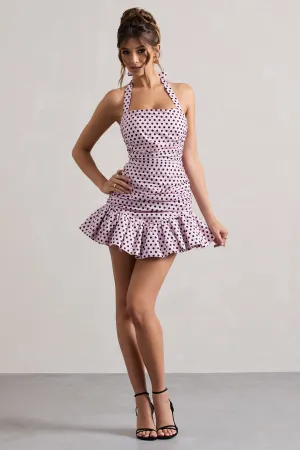 Zahra | Pink & Black Polka Dot Halter-Neck Ruched Mini Dress With Ruffle Hem Club L London