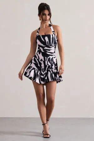 Zahra | Zebra Print Halter-Neck Ruched Mini Dress With Ruffle Hem Club L London
