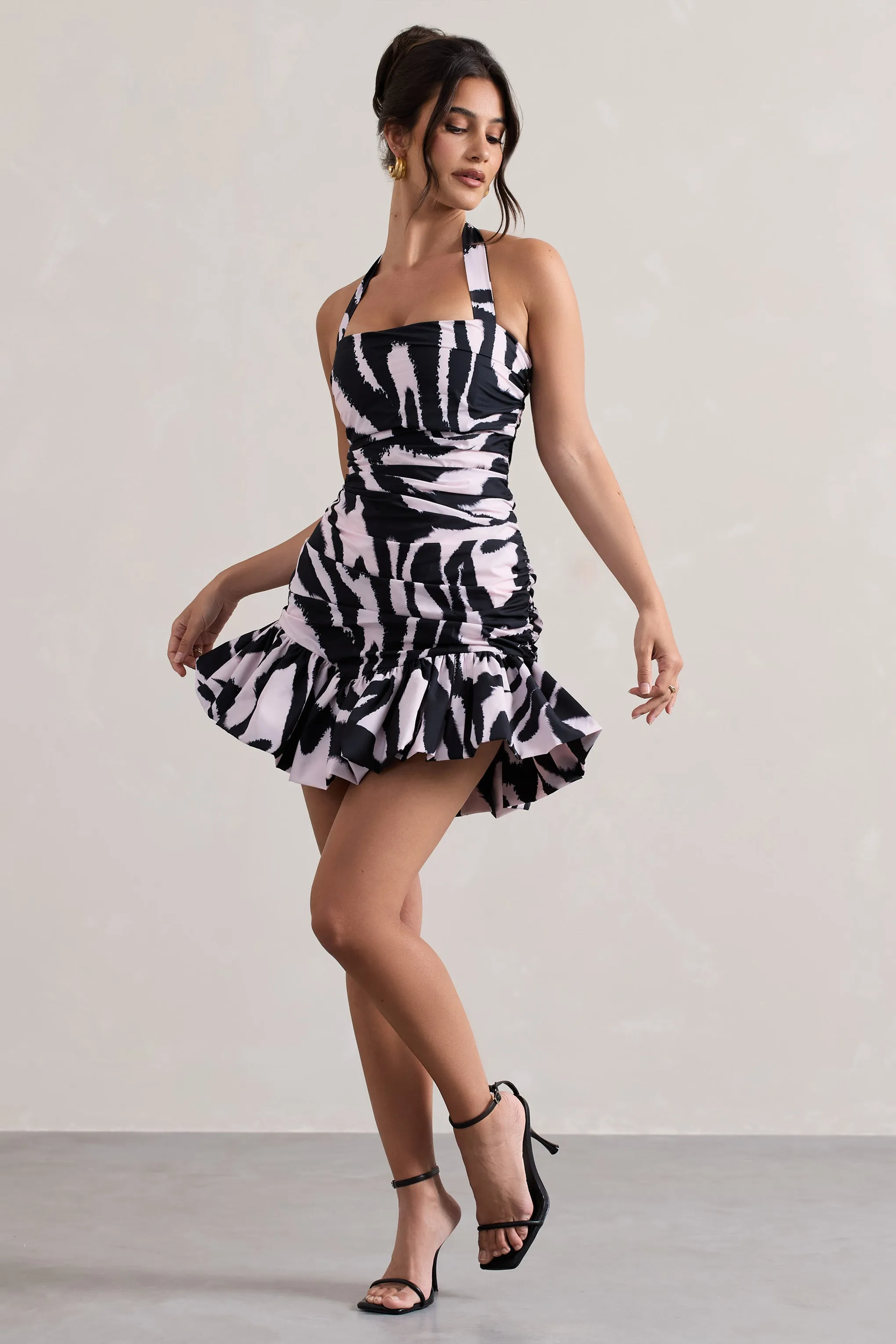 Zahra | Zebra Print Halter-Neck Ruched Mini Dress With Ruffle Hem Club L London