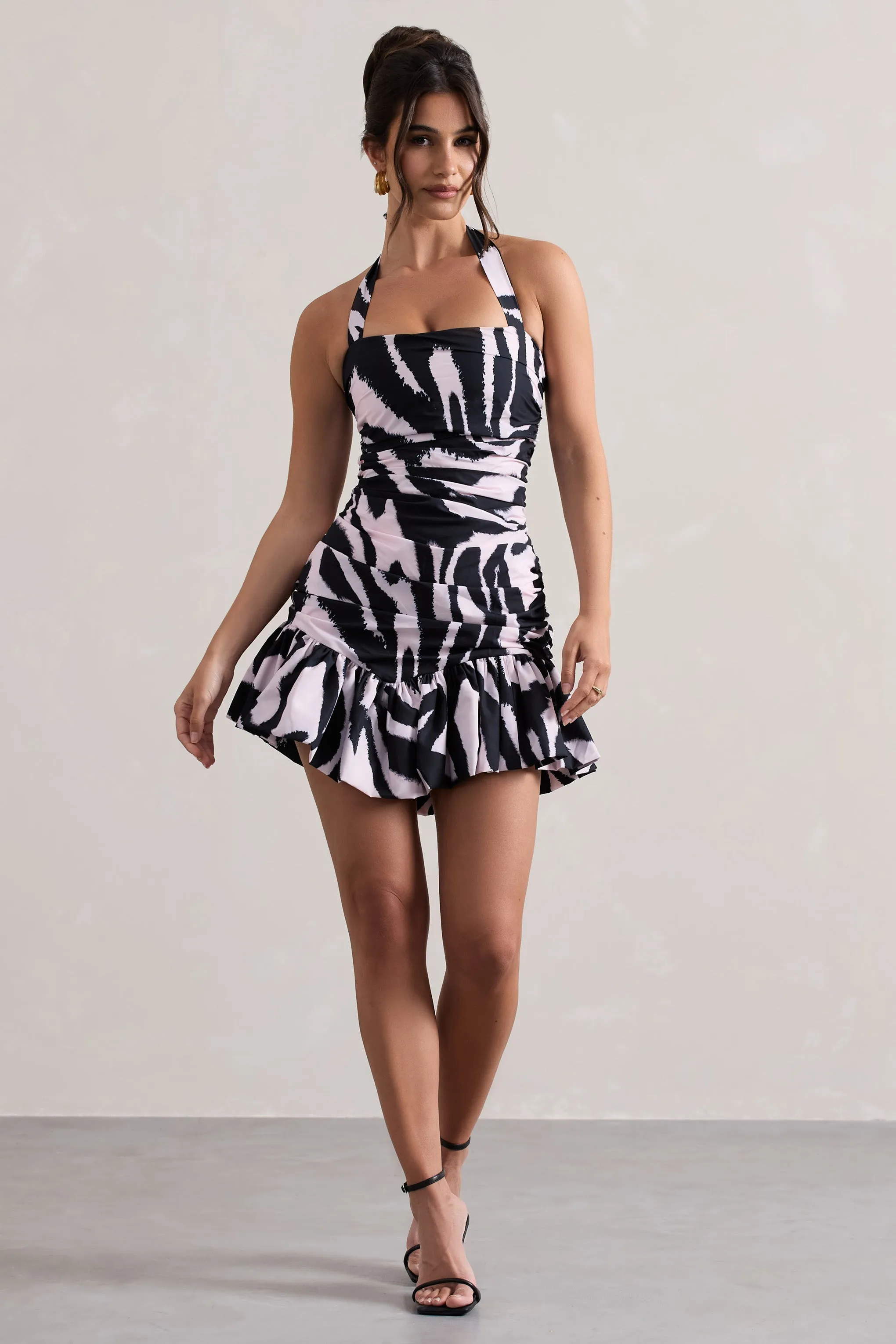 Zahra | Zebra Print Halter-Neck Ruched Mini Dress With Ruffle Hem Club L London