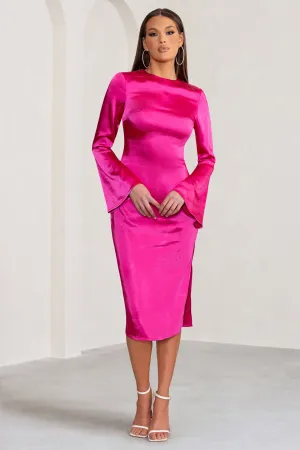 Zaina | Hot Pink Long Sleeve Midi Dress with High Neckline Club L London