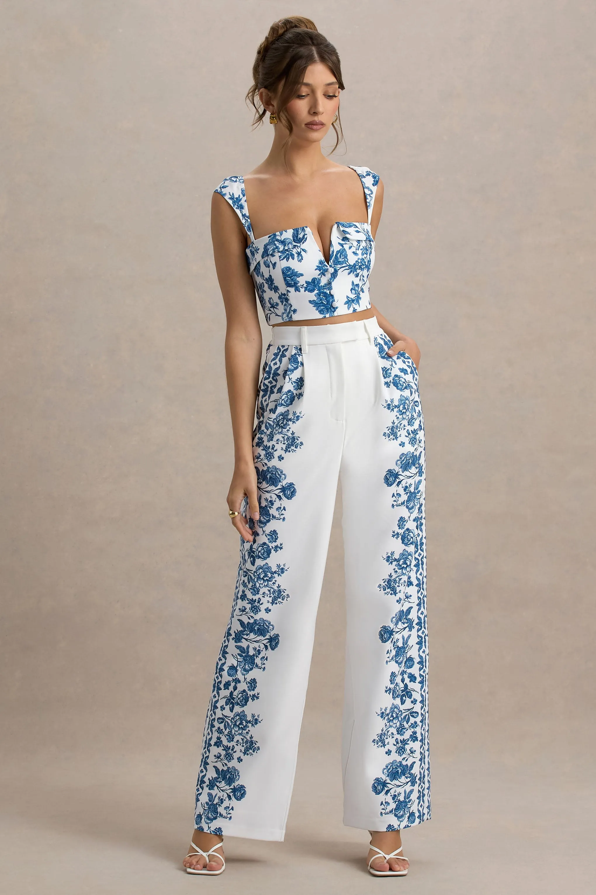 Zelie | Blue Porcelain Print Wide-Leg Trousers Club L London