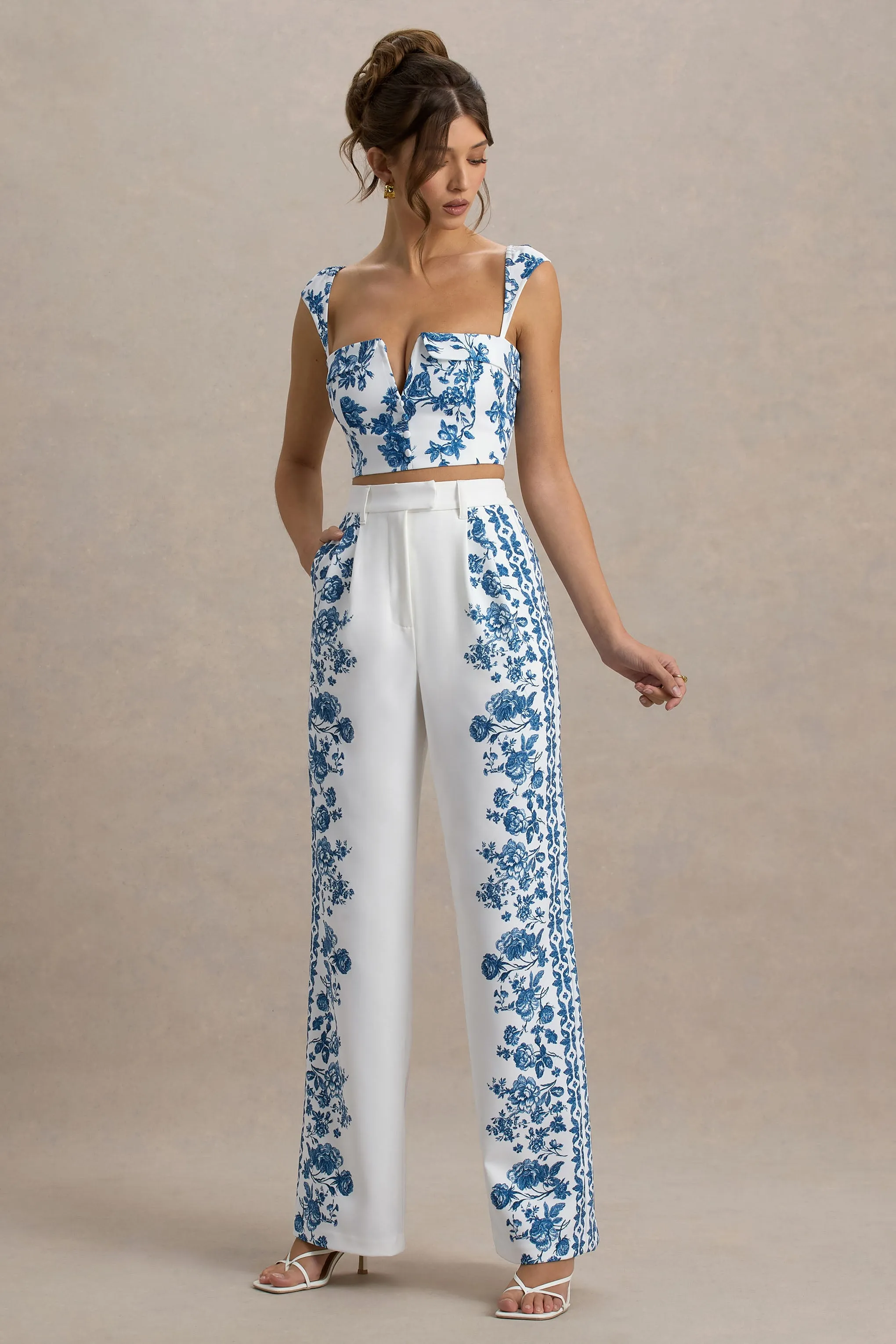 Zelie | Blue Porcelain Print Wide-Leg Trousers Club L London