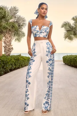 Zelie | Blue Porcelain Print Wide-Leg Trousers Club L London