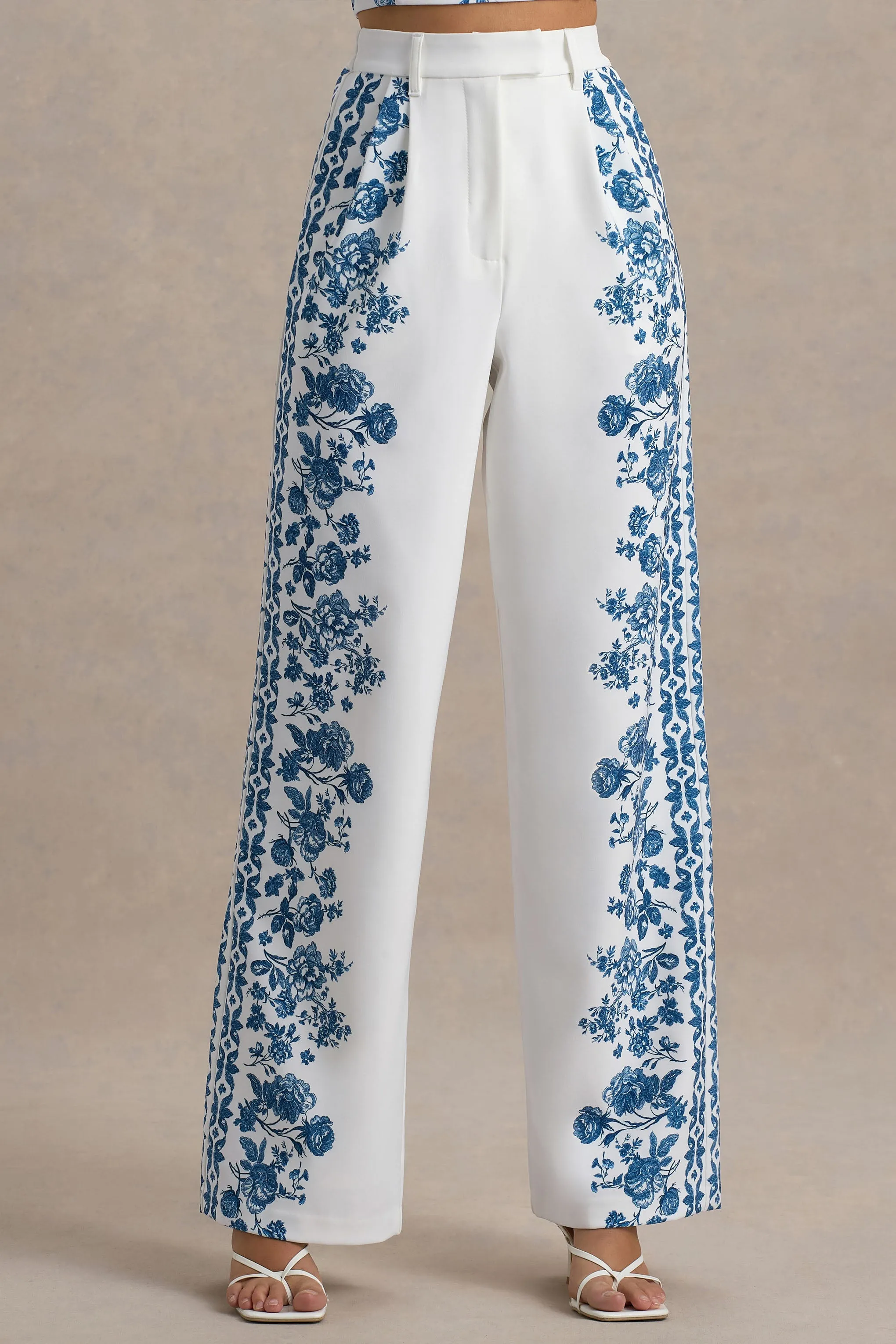 Zelie | Blue Porcelain Print Wide-Leg Trousers Club L London