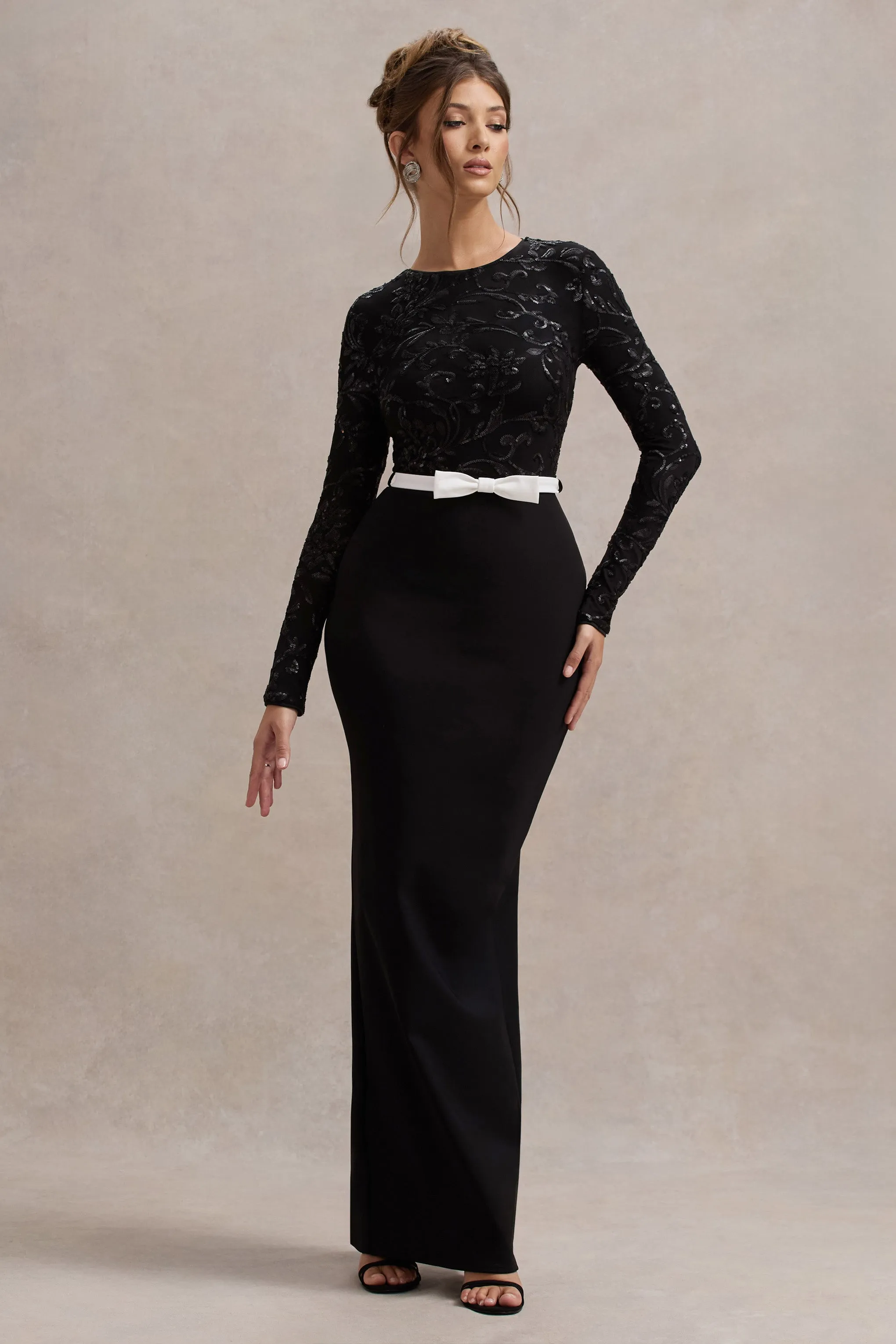 Zenith | Black Lace Long-Sleeve Maxi Dress Club L London