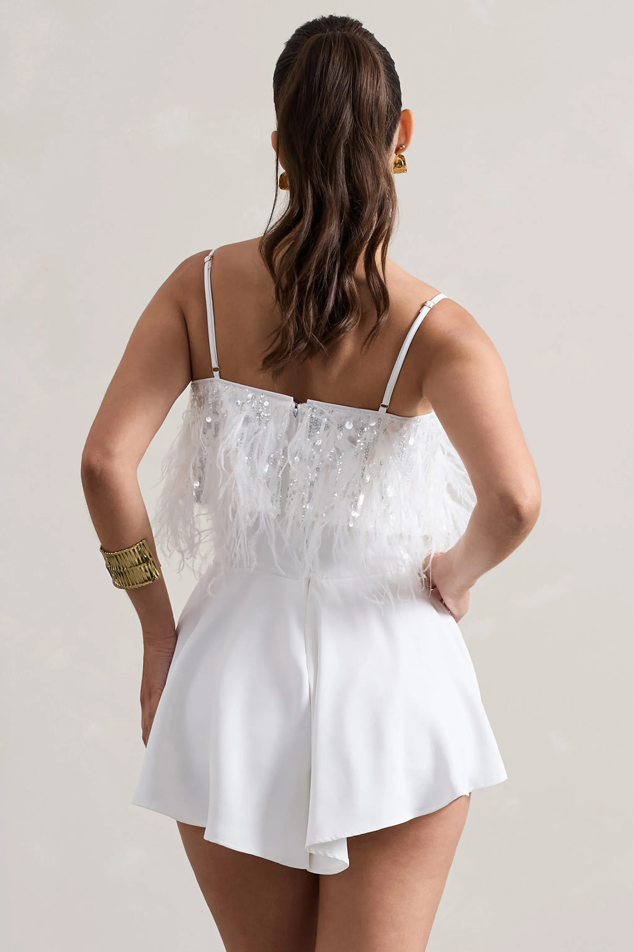 Zeppelin | White Embellished Strappy Playsuit With Feathers Club L London