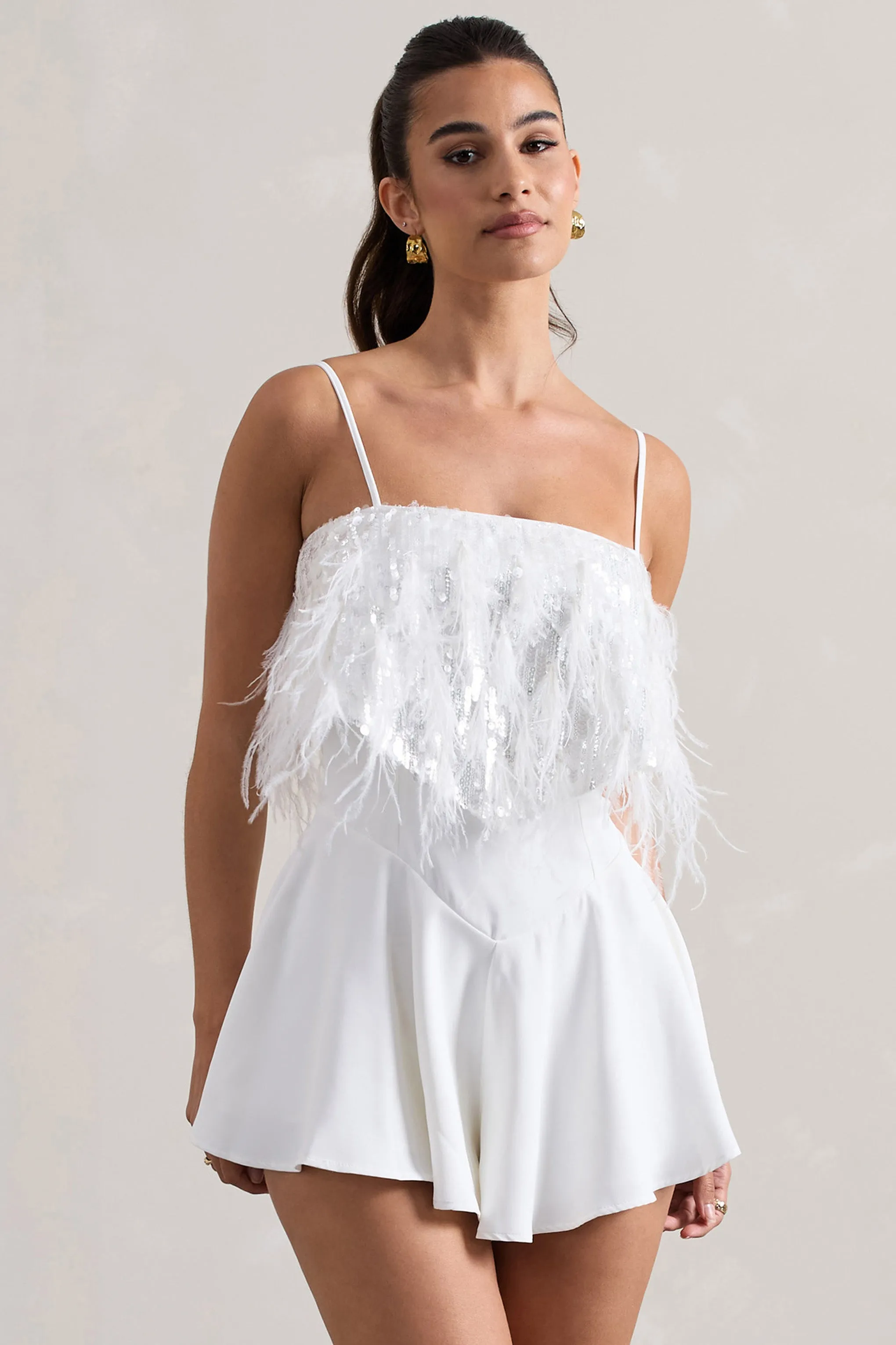 Zeppelin | White Embellished Strappy Playsuit With Feathers Club L London