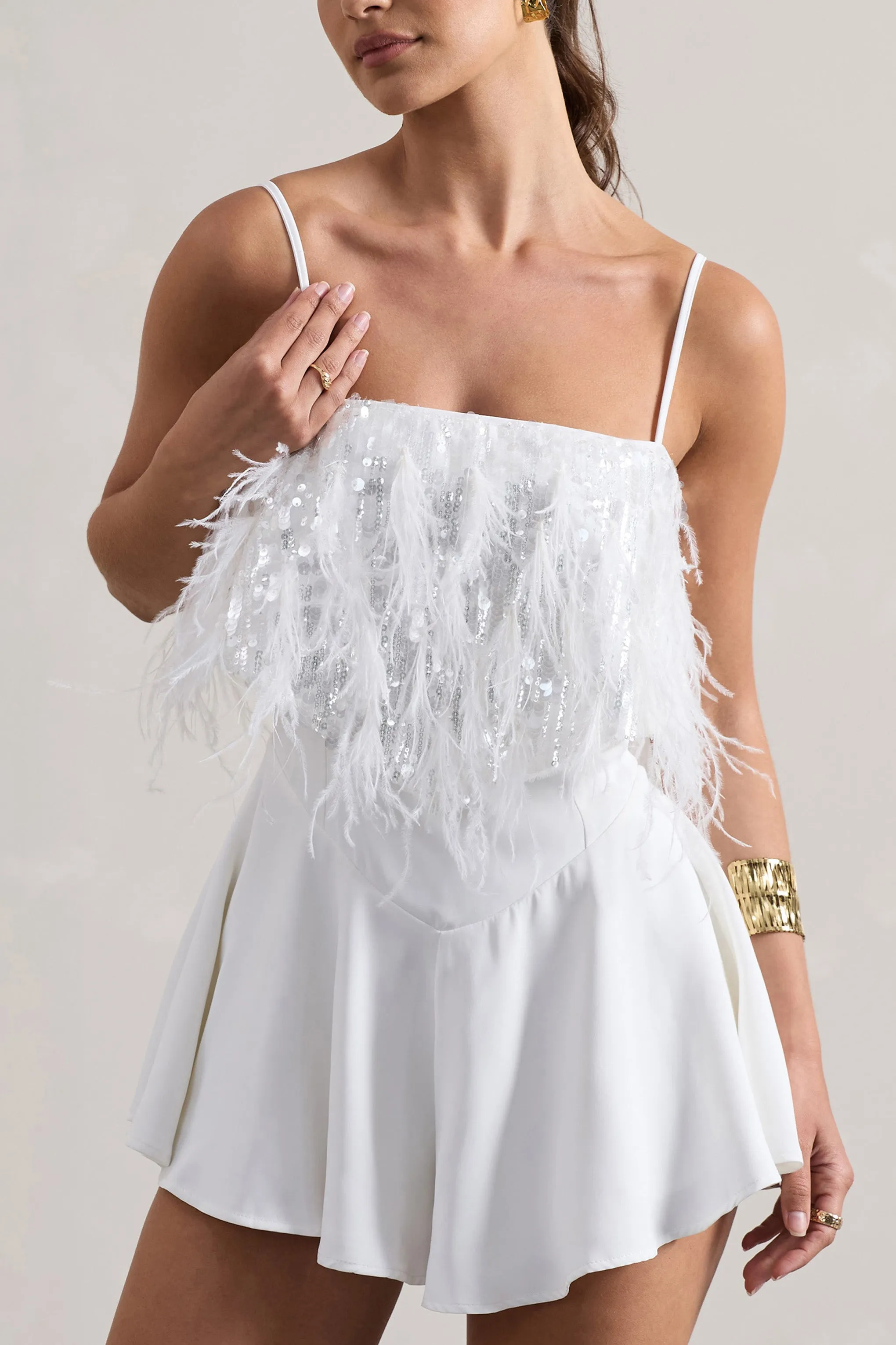 Zeppelin | White Embellished Strappy Playsuit With Feathers Club L London