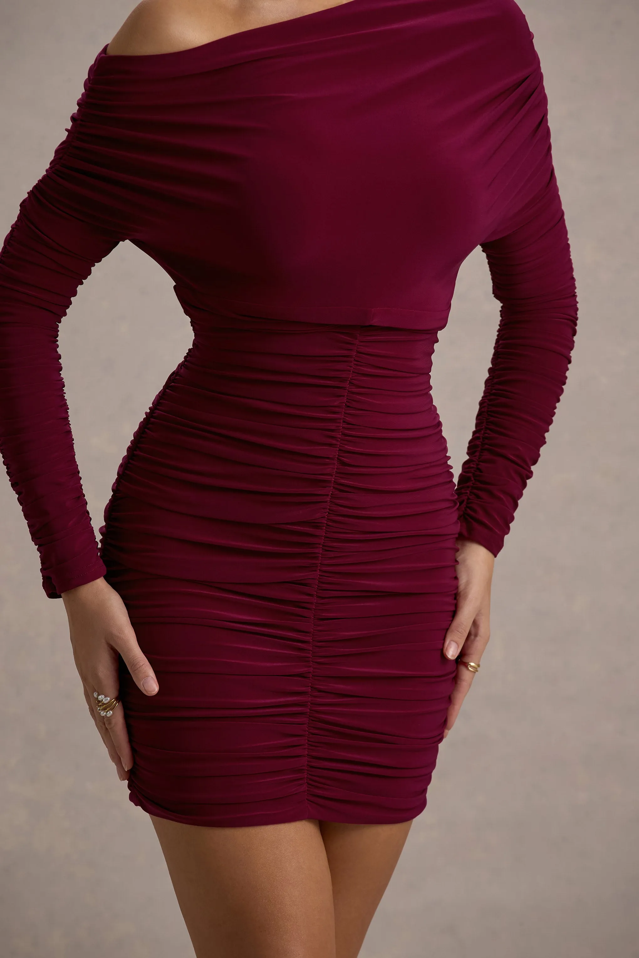 Zhara | Burgundy Ruched One-Shoulder Bodycon Mini Dress Club L London
