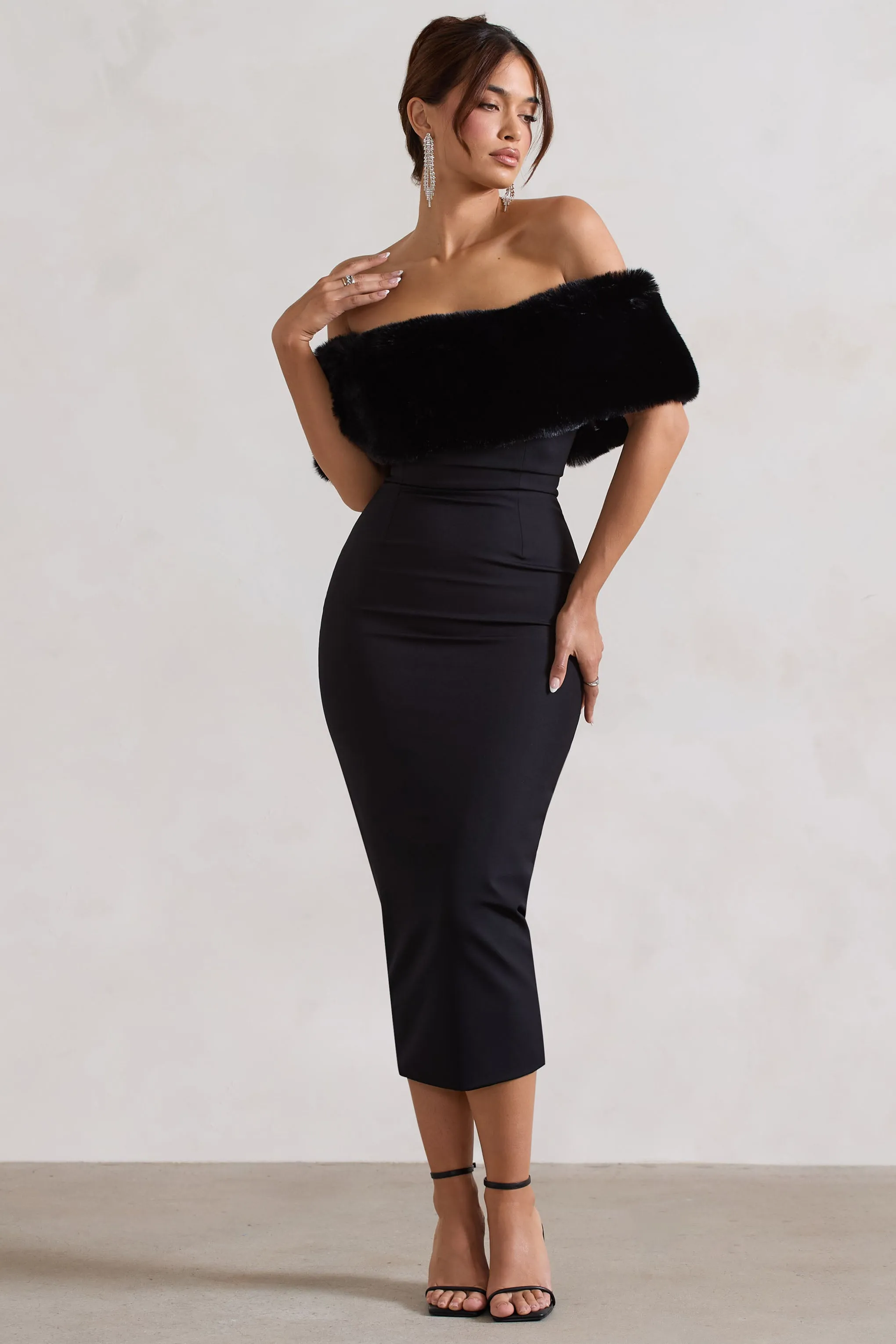 Zia | Black Bardot Midi Dress With Fur Trim Club L London