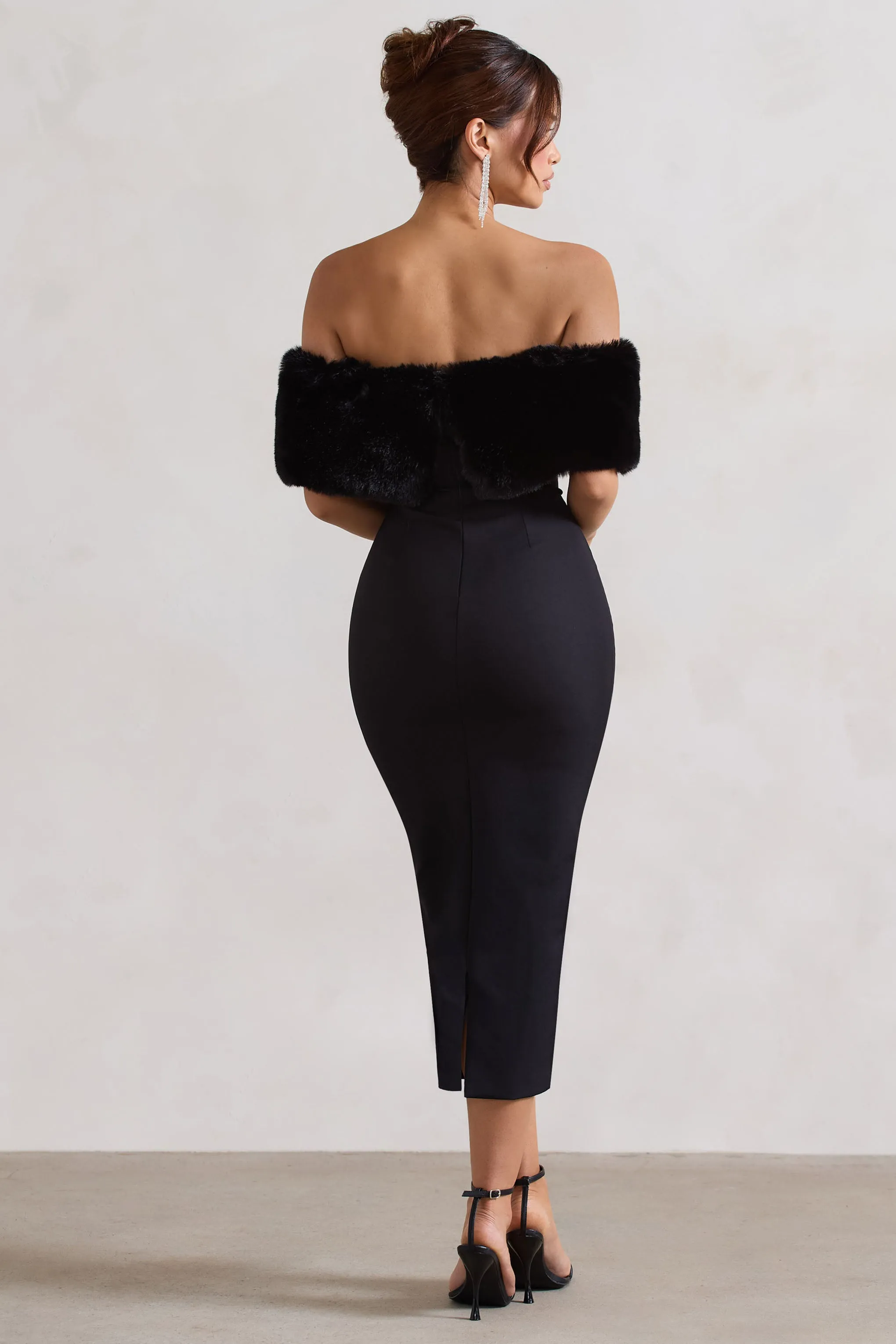 Zia | Black Bardot Midi Dress With Fur Trim Club L London