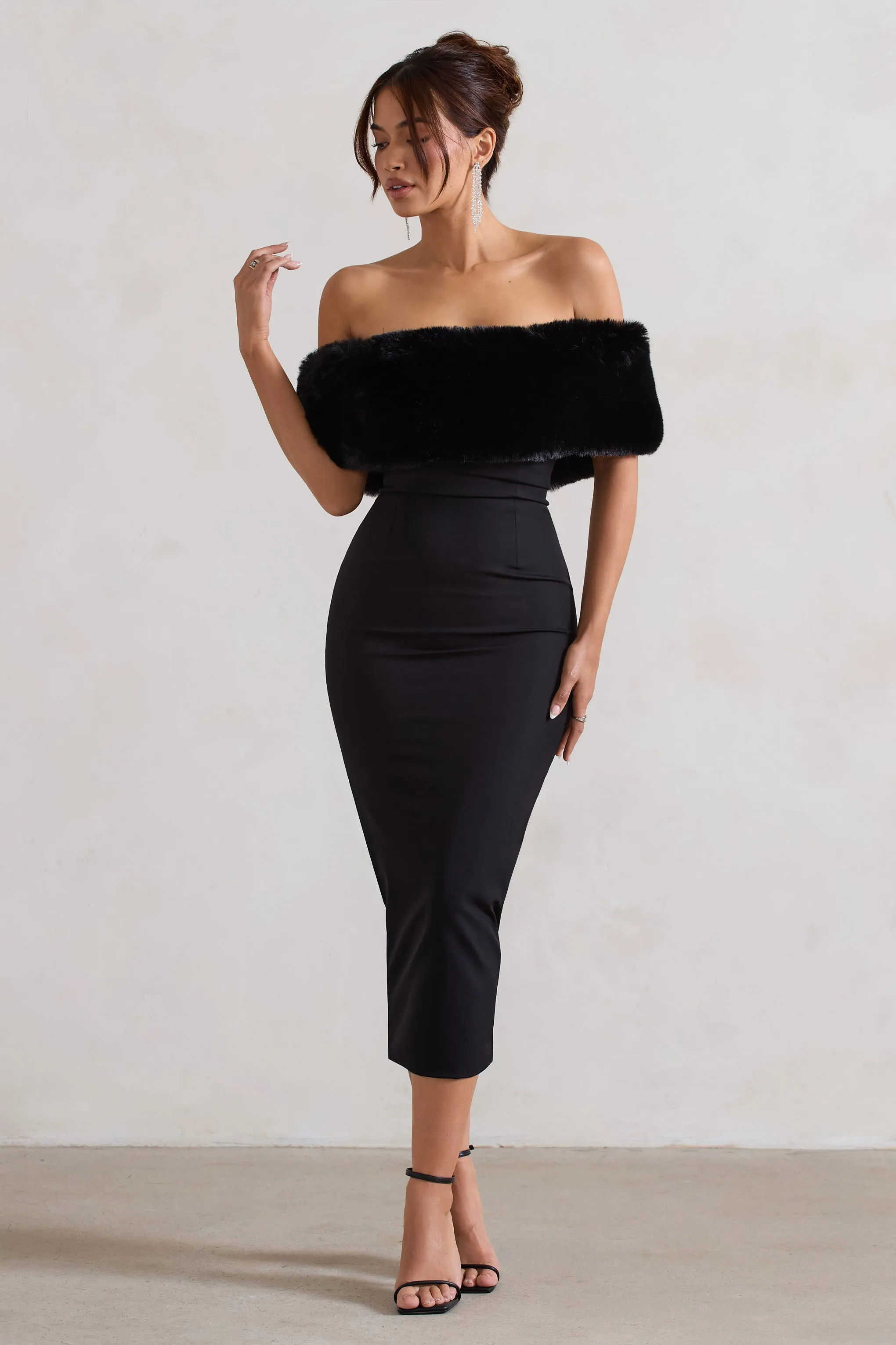 Zia | Black Bardot Midi Dress With Fur Trim Club L London