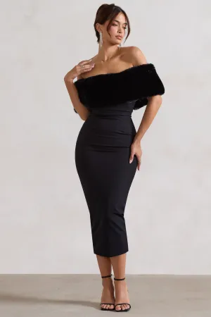 Zia | Black Bardot Midi Dress With Fur Trim Club L London