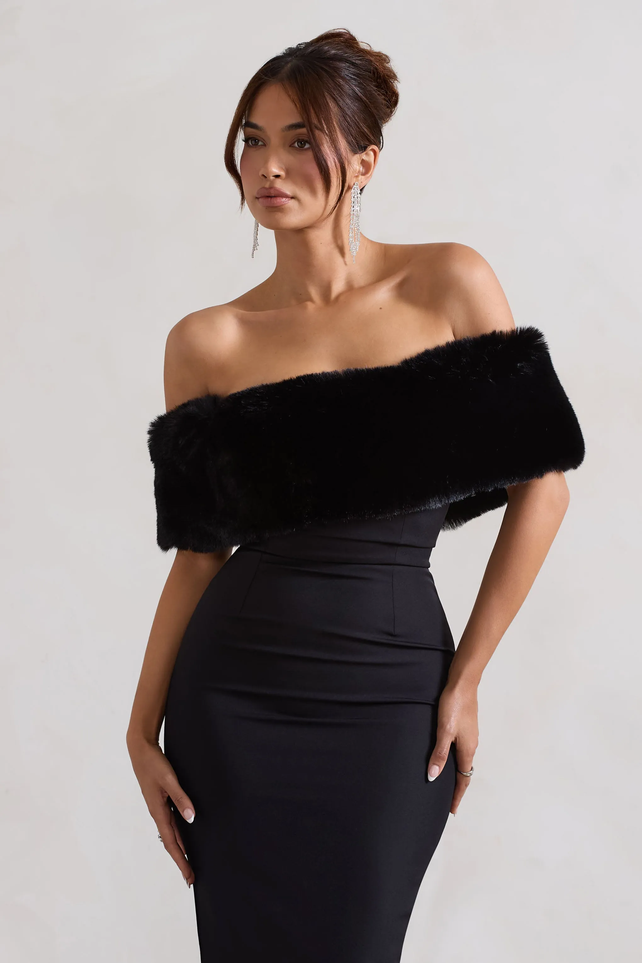 Zia | Black Bardot Midi Dress With Fur Trim Club L London