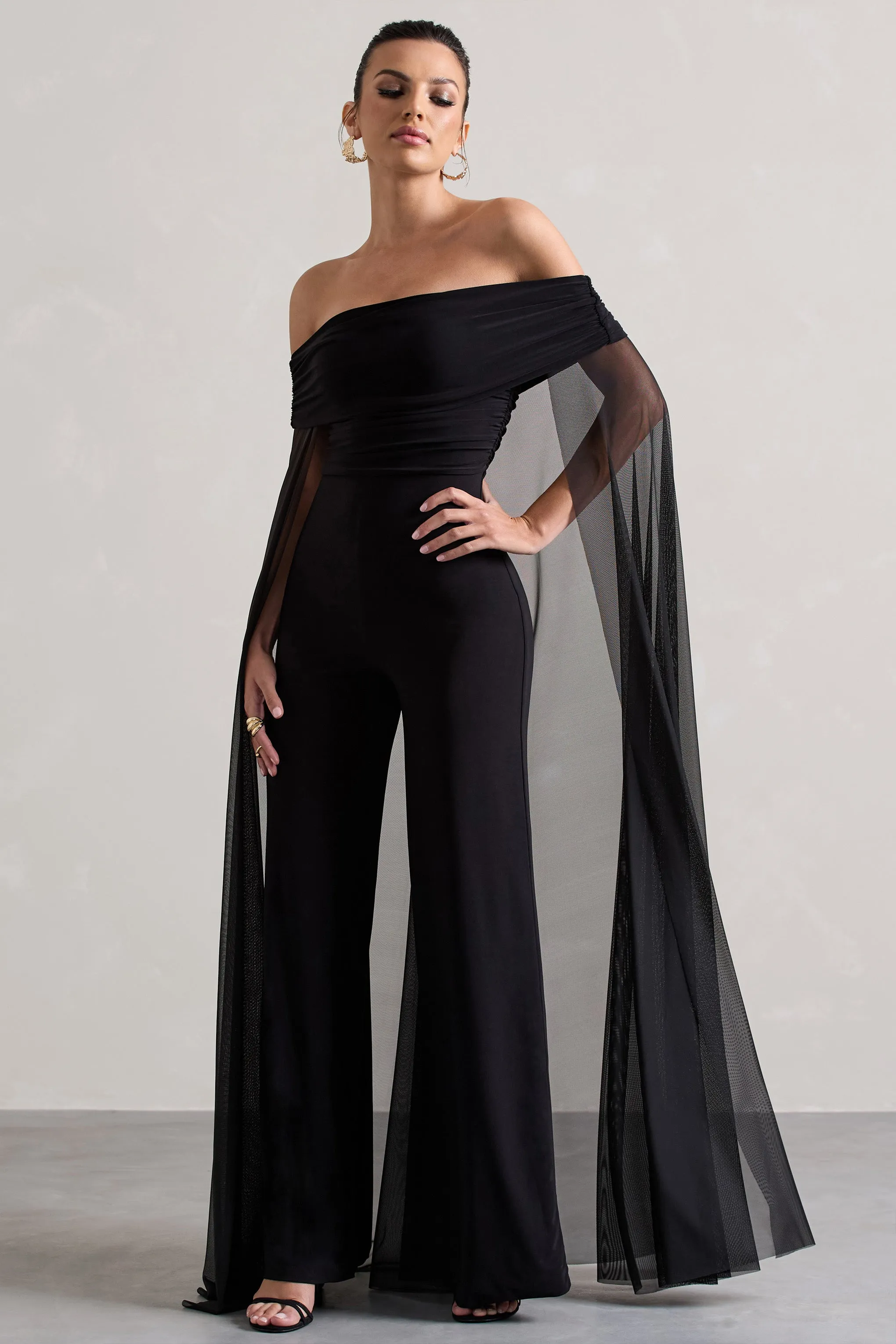 Zita | Black Bardot Jumpsuit With Chiffon Cape Club L London