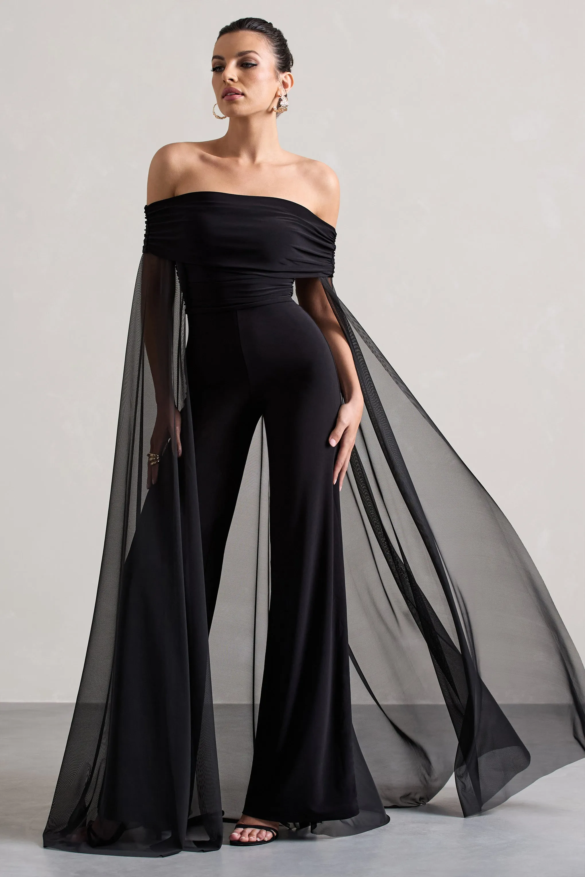 Zita | Black Bardot Jumpsuit With Chiffon Cape Club L London