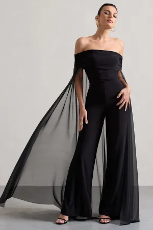 Zita | Black Bardot Jumpsuit With Chiffon Cape Club L London