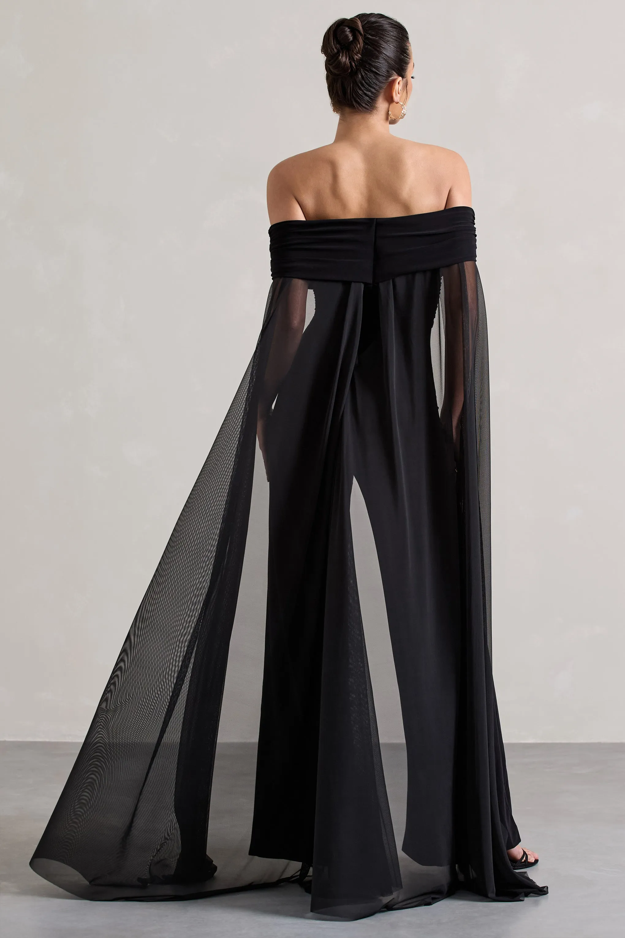Zita | Black Bardot Jumpsuit With Chiffon Cape Club L London