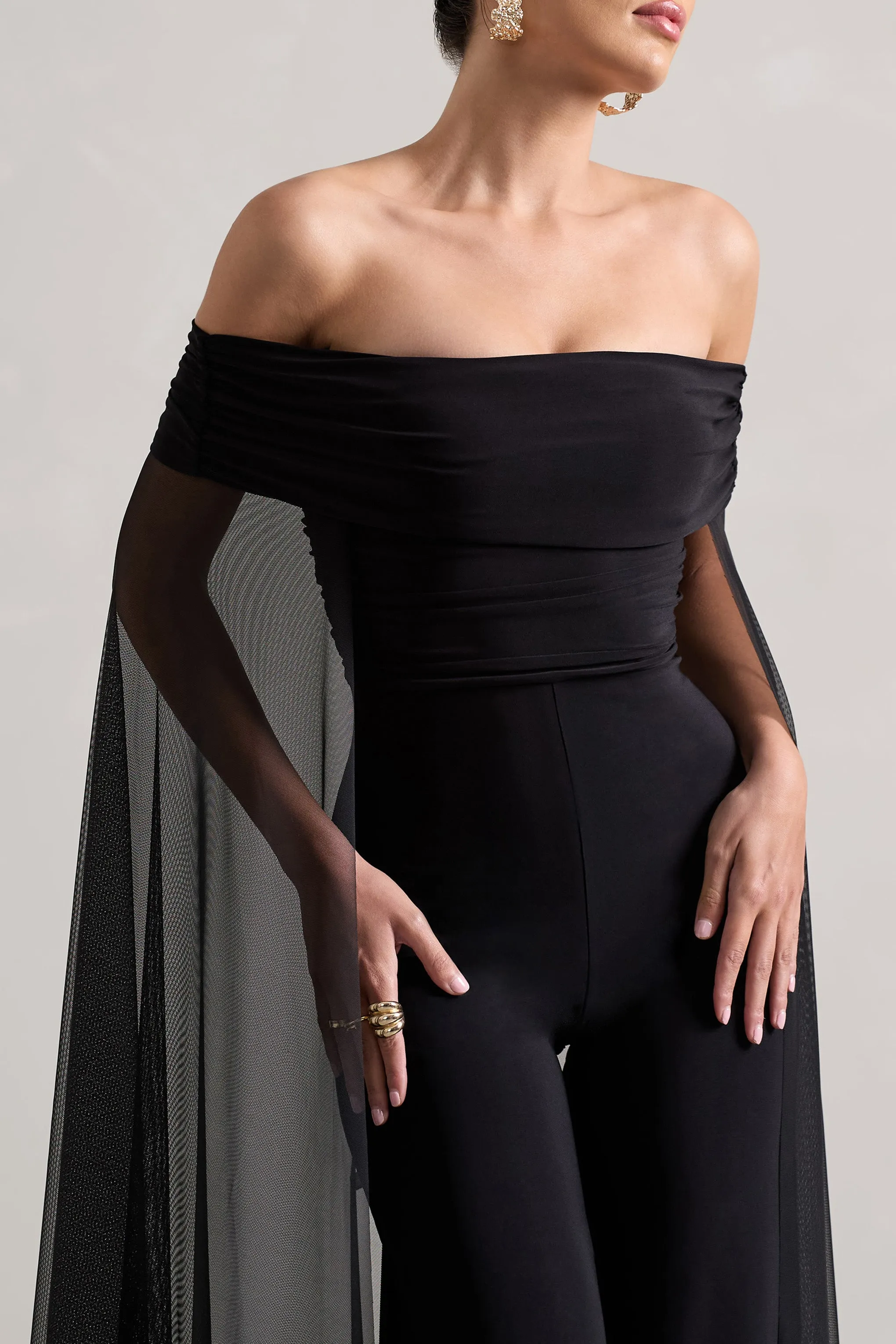 Zita | Black Bardot Jumpsuit With Chiffon Cape Club L London