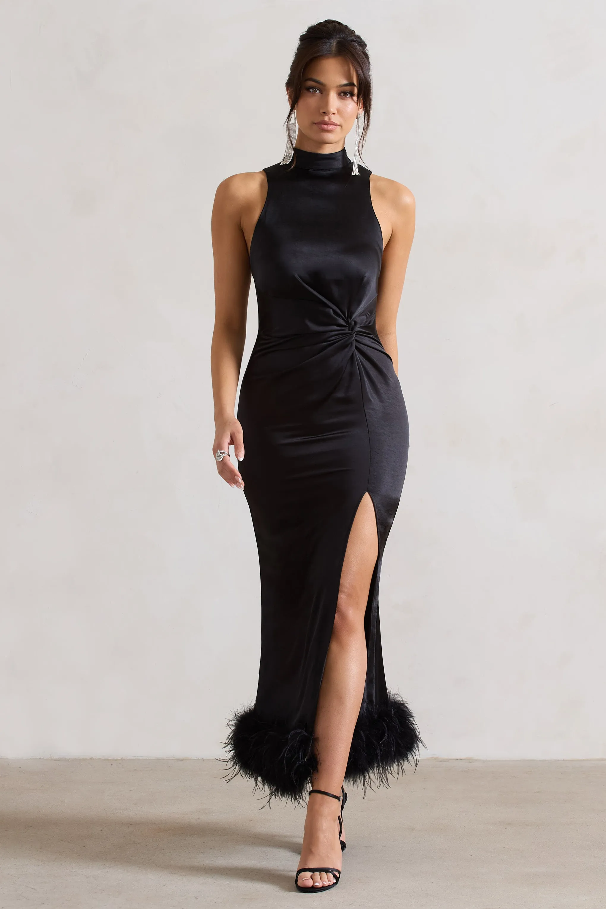 Zoe | Black Satin Twist Split Maxi Dress With Feather Trim Club L London