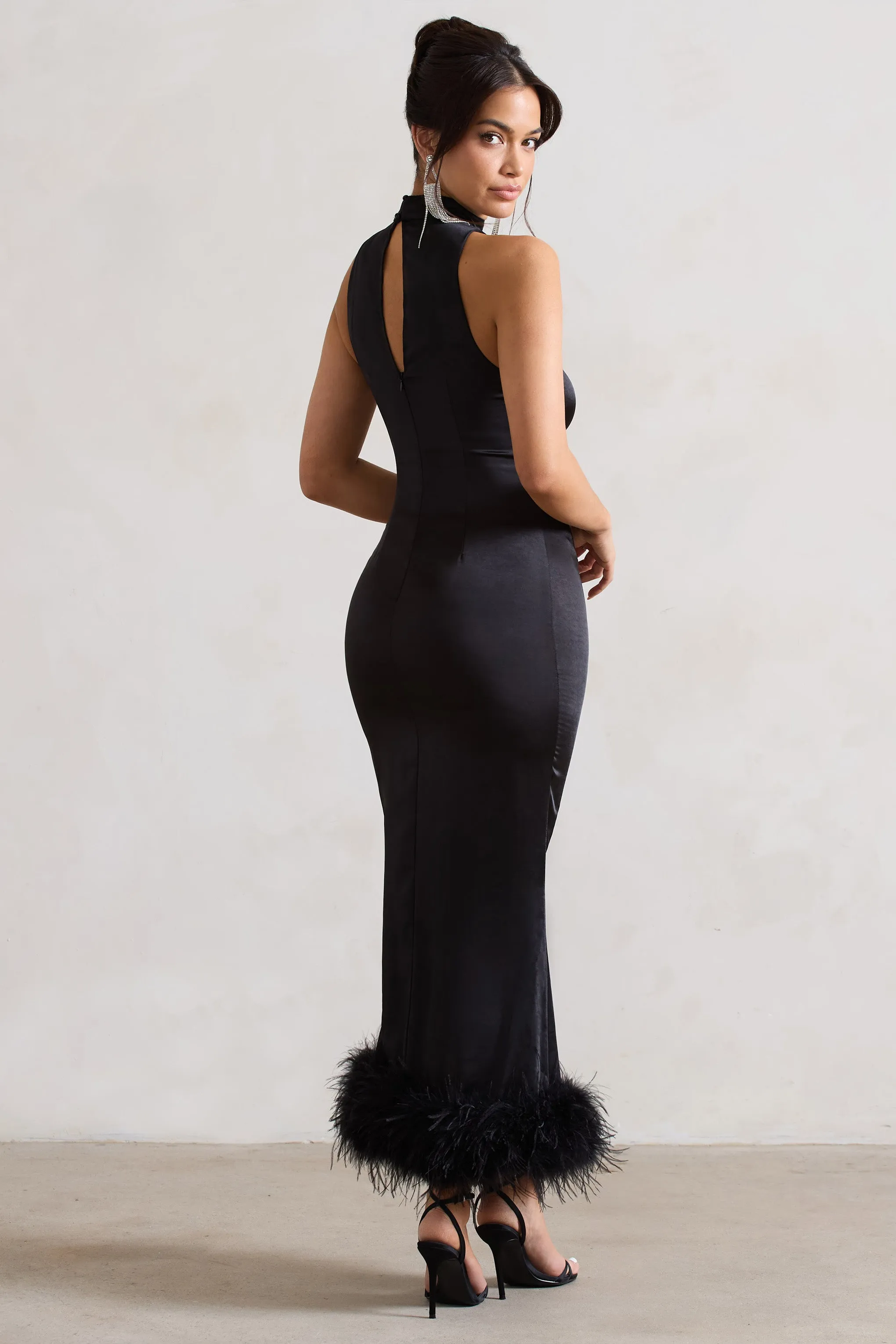 Zoe | Black Satin Twist Split Maxi Dress With Feather Trim Club L London