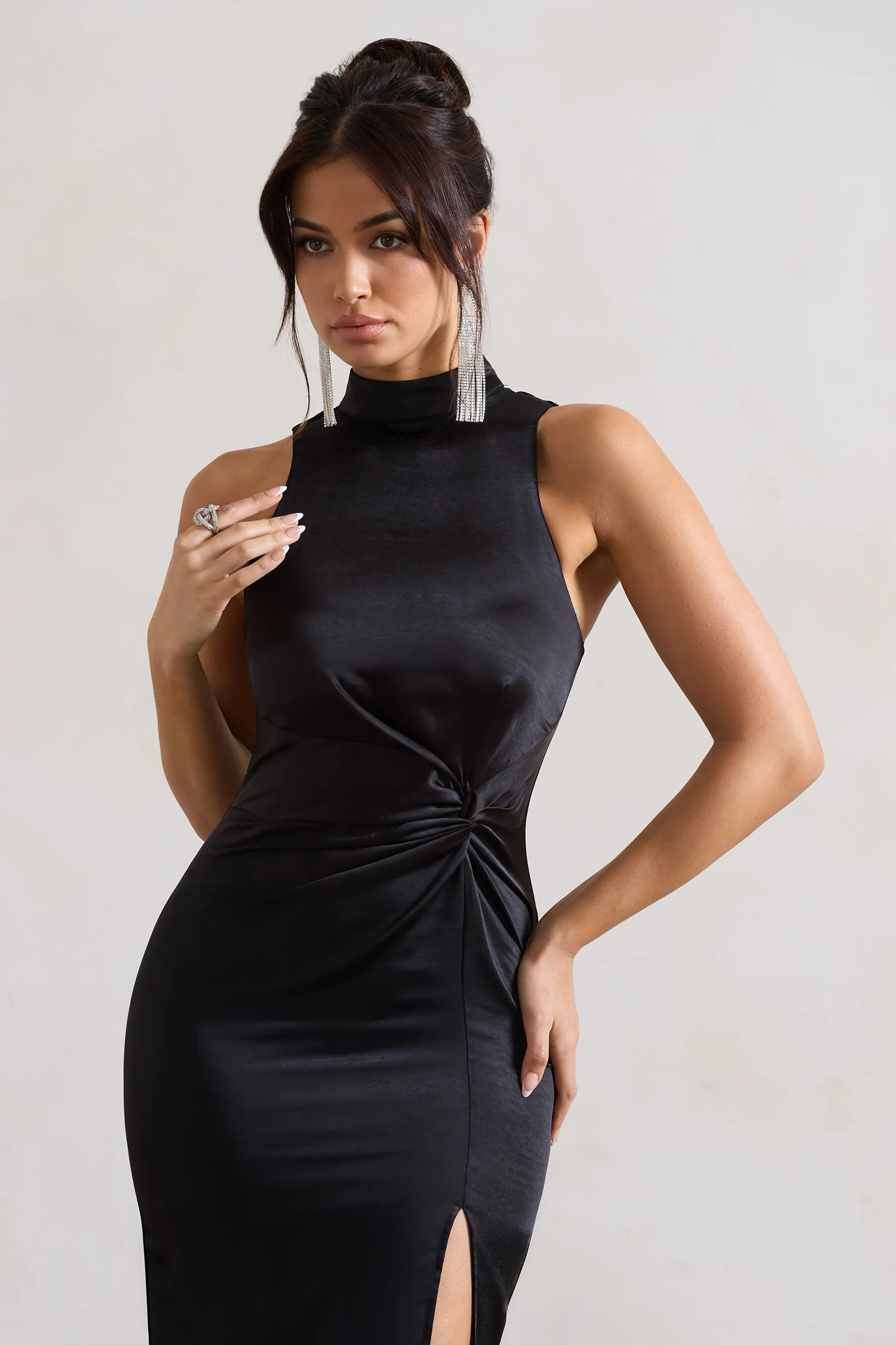 Zoe | Black Satin Twist Split Maxi Dress With Feather Trim Club L London