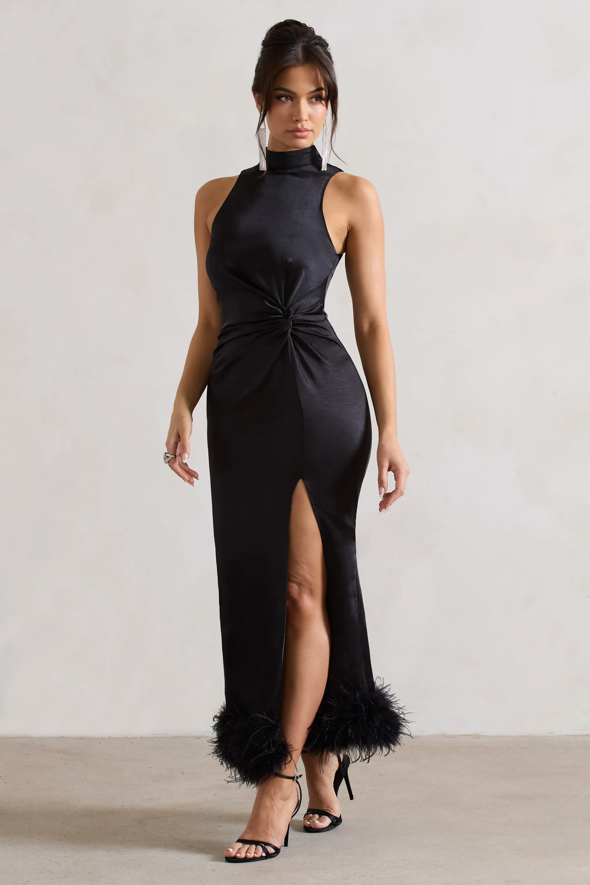 Zoe | Black Satin Twist Split Maxi Dress With Feather Trim Club L London