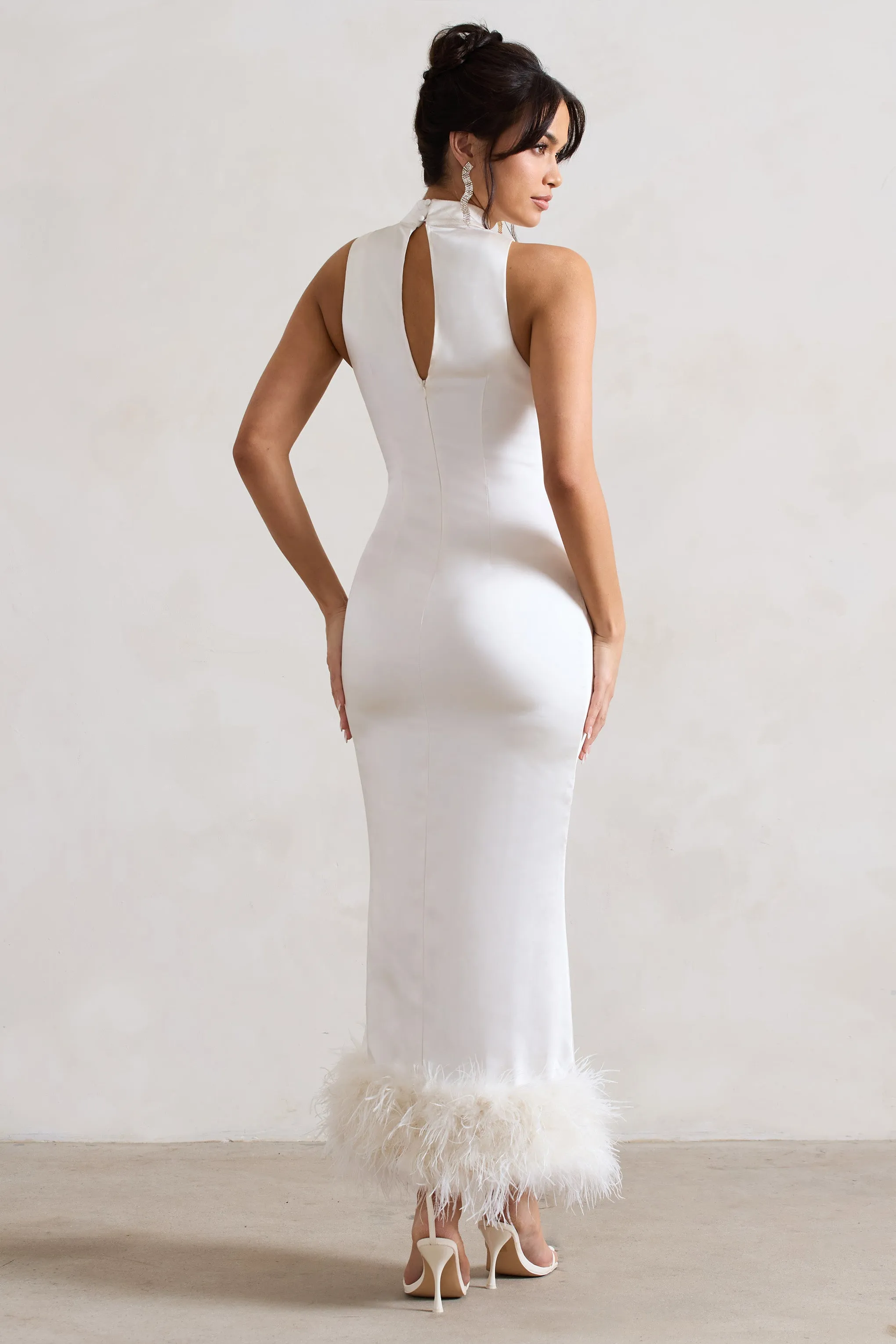 Zoe | Cream Satin Twist Split Maxi Dress With Feather Trim Club L London
