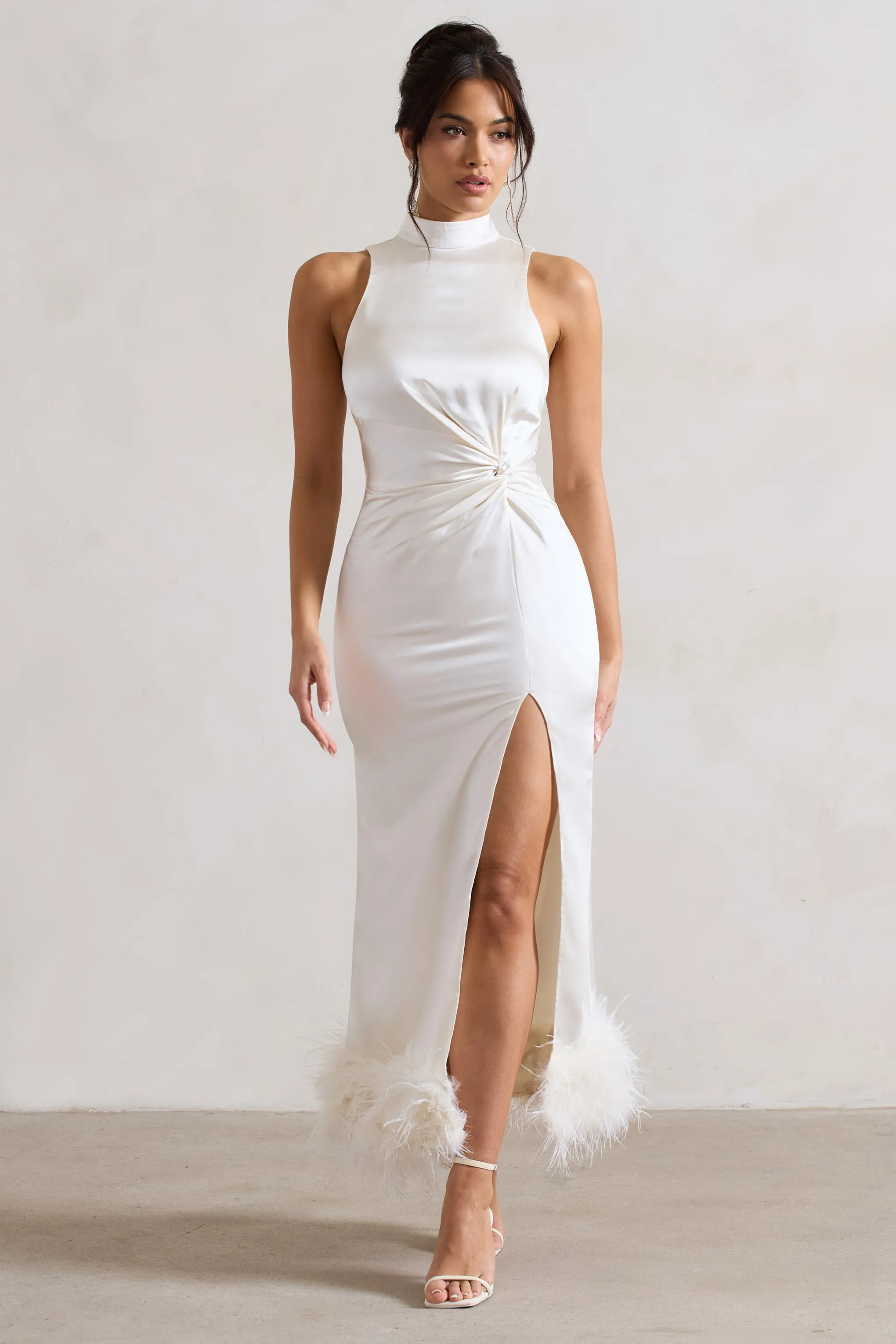 Zoe | Cream Satin Twist Split Maxi Dress With Feather Trim Club L London