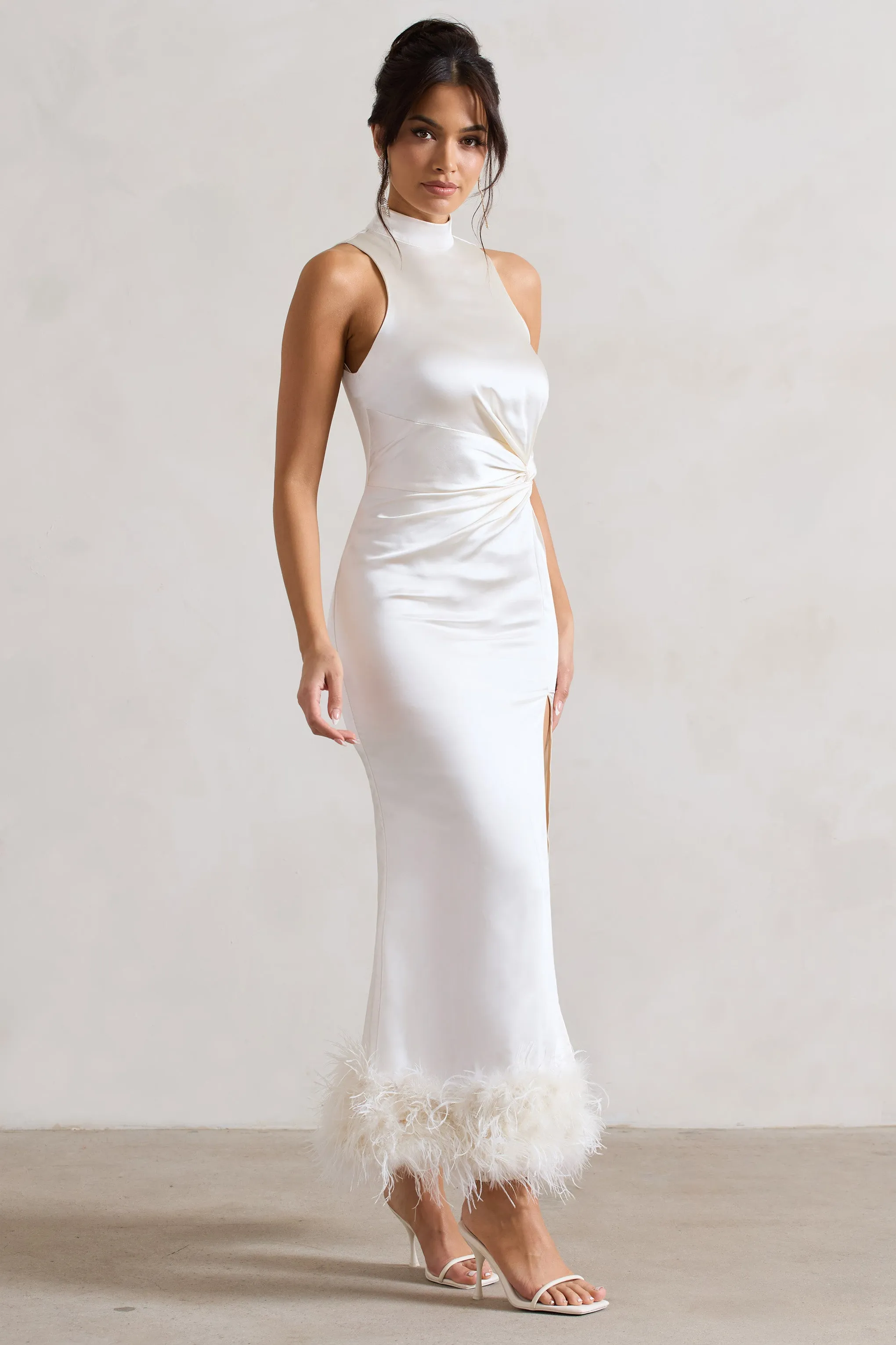 Zoe | Cream Satin Twist Split Maxi Dress With Feather Trim Club L London