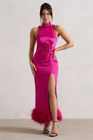 Zoe | Dark Pink Satin Twist Split Maxi Dress With Feather Trim Club L London