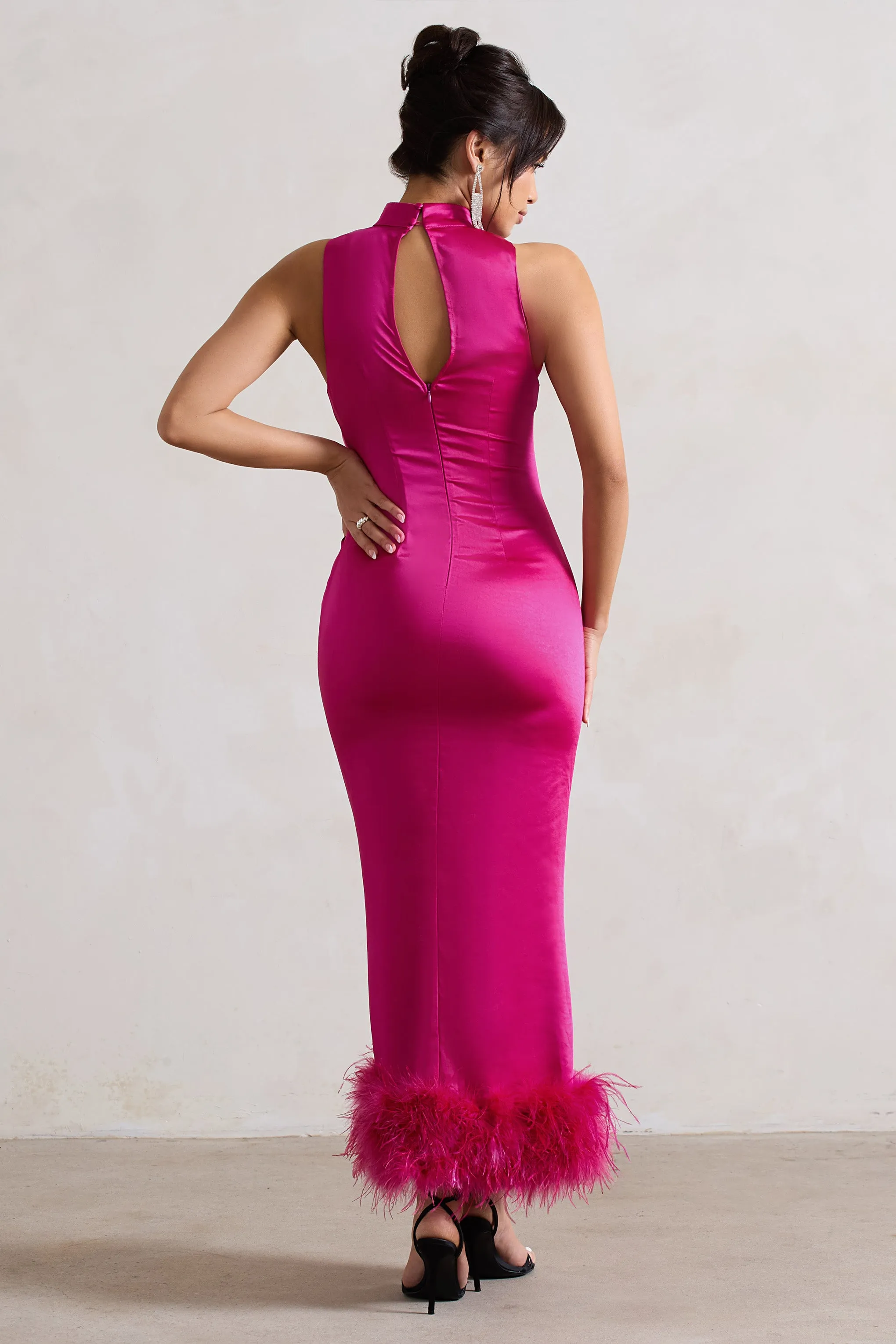 Zoe | Dark Pink Satin Twist Split Maxi Dress With Feather Trim Club L London