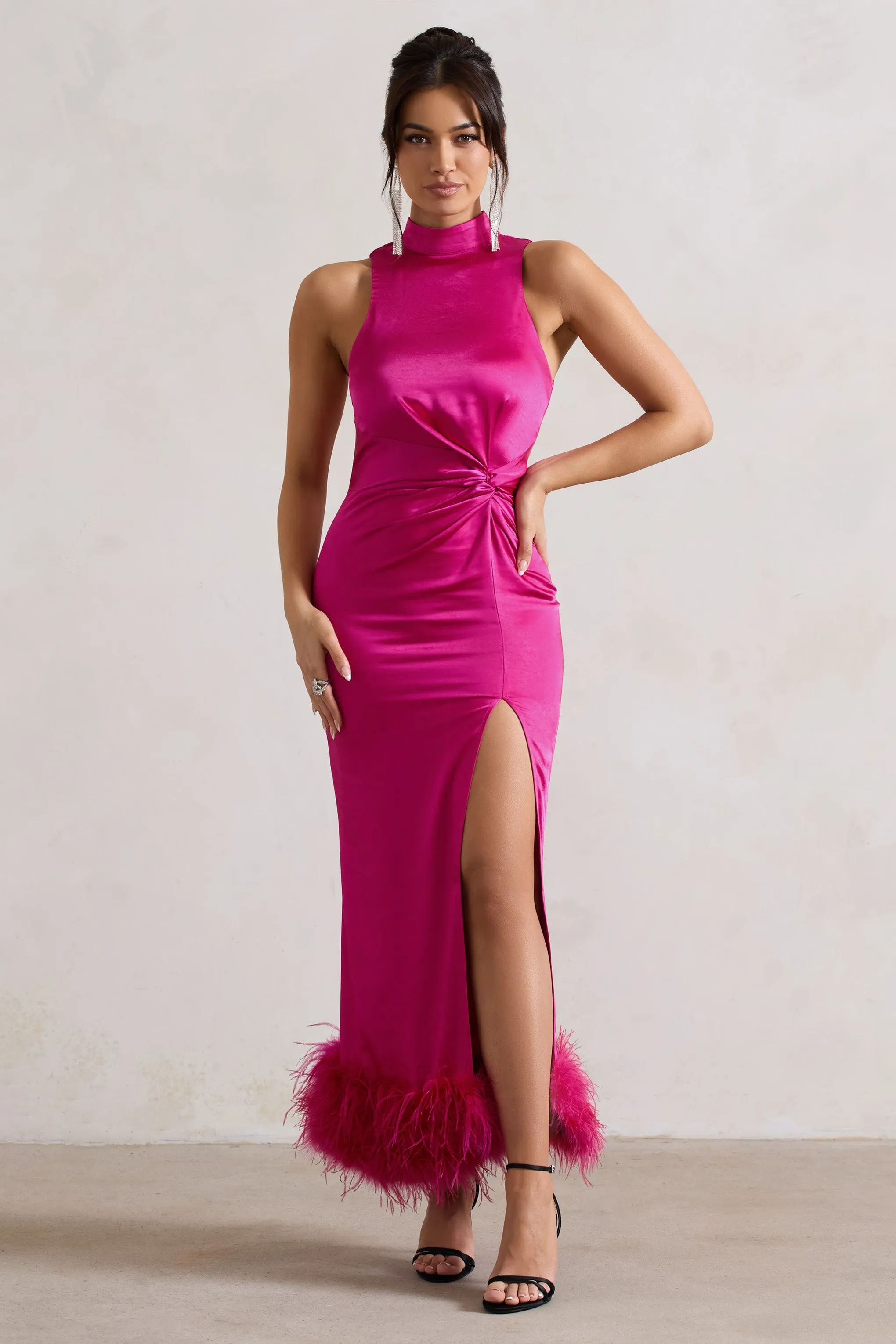 Zoe | Dark Pink Satin Twist Split Maxi Dress With Feather Trim Club L London