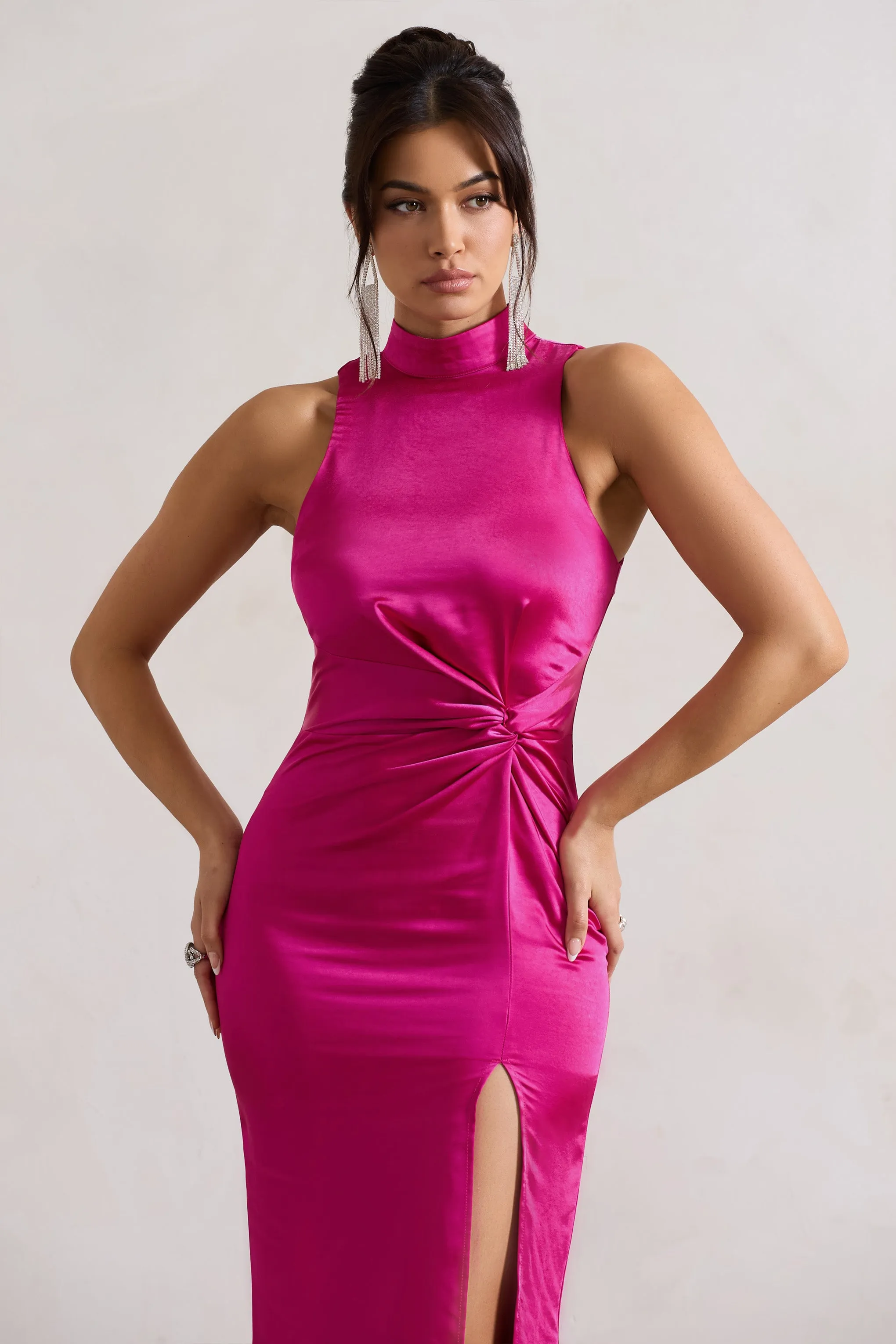 Zoe | Dark Pink Satin Twist Split Maxi Dress With Feather Trim Club L London